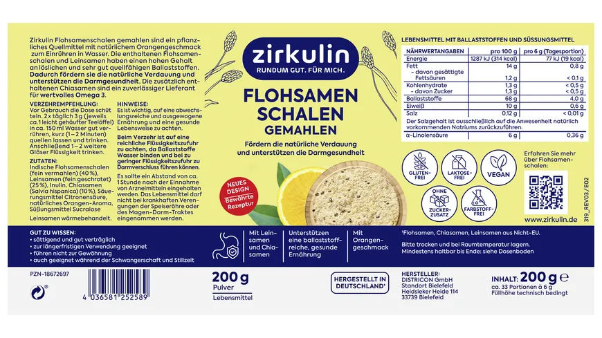 Zirkulin Flohsamen Schalen gemahlen 200 g
