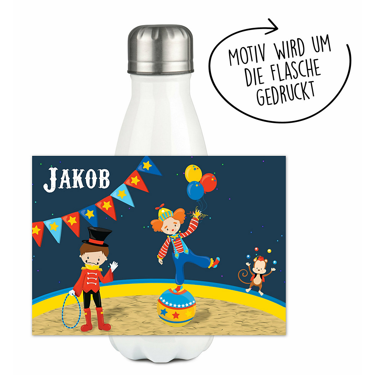Edelstahl Kinder Thermoflasche / Trinkflasche bunt Circus Spülmaschinenfest, Auslaufsicher, Bruchfest, Doppelwandig, Für Heißgetränke geeignet, Mit Deckel, Isoliert