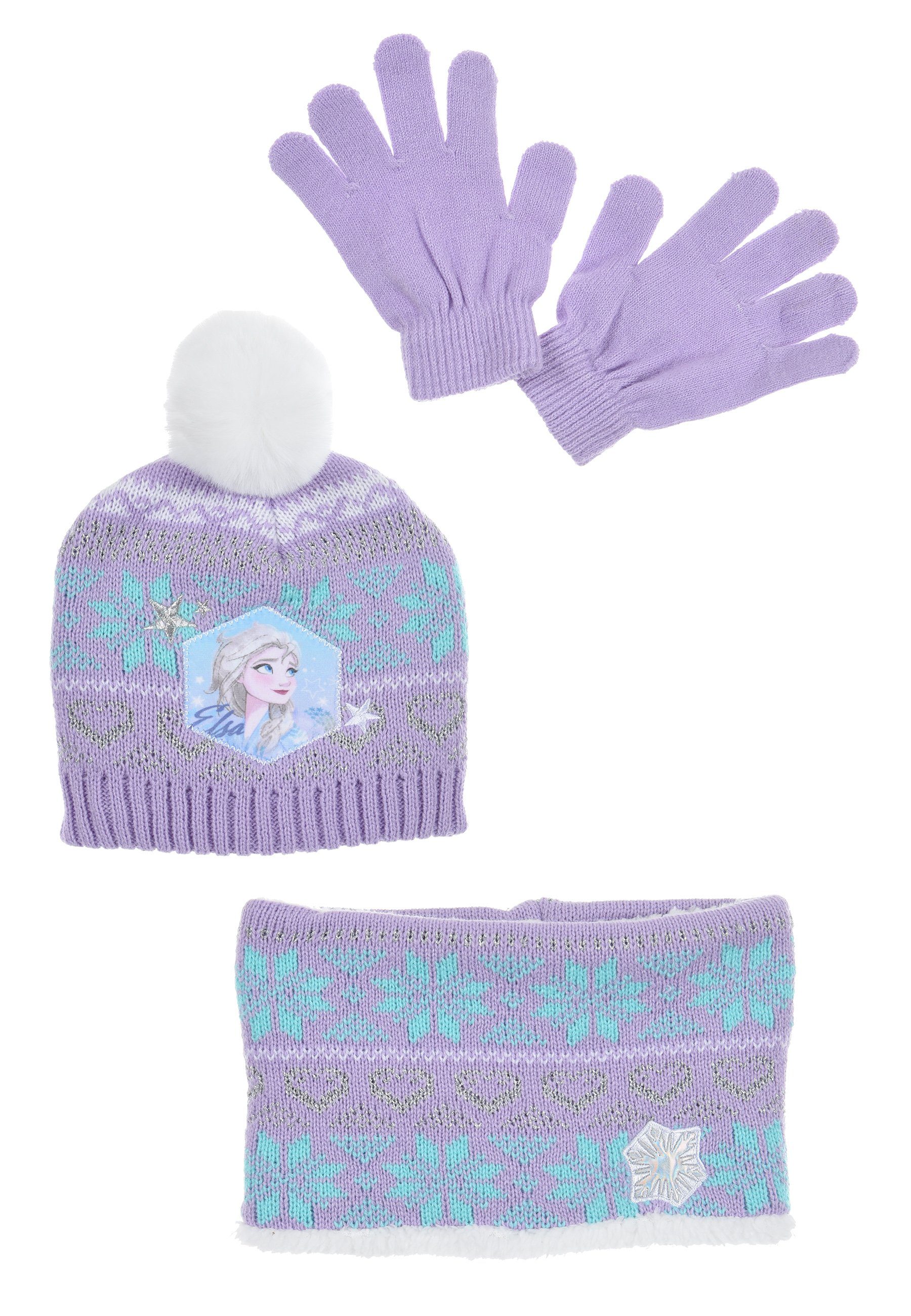 Frozen Bommelmütze Mädchen Kinder Winter-Set 3 tlg. Mütze, Schal & Handschuhe (SET)