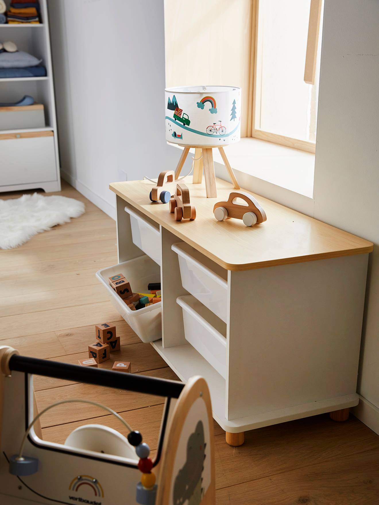 Vertbaudet Kinderzimmer Kommode mit 4 Aufbewahrungsboxen PTILOU - weiß/natur