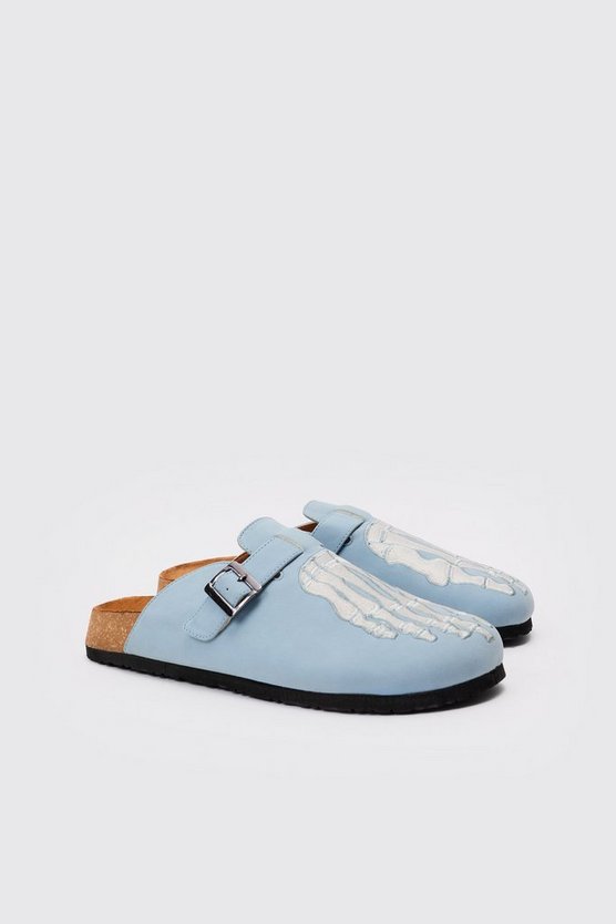 Mules aus Wildlederimitat mit Skelett-Stickerei