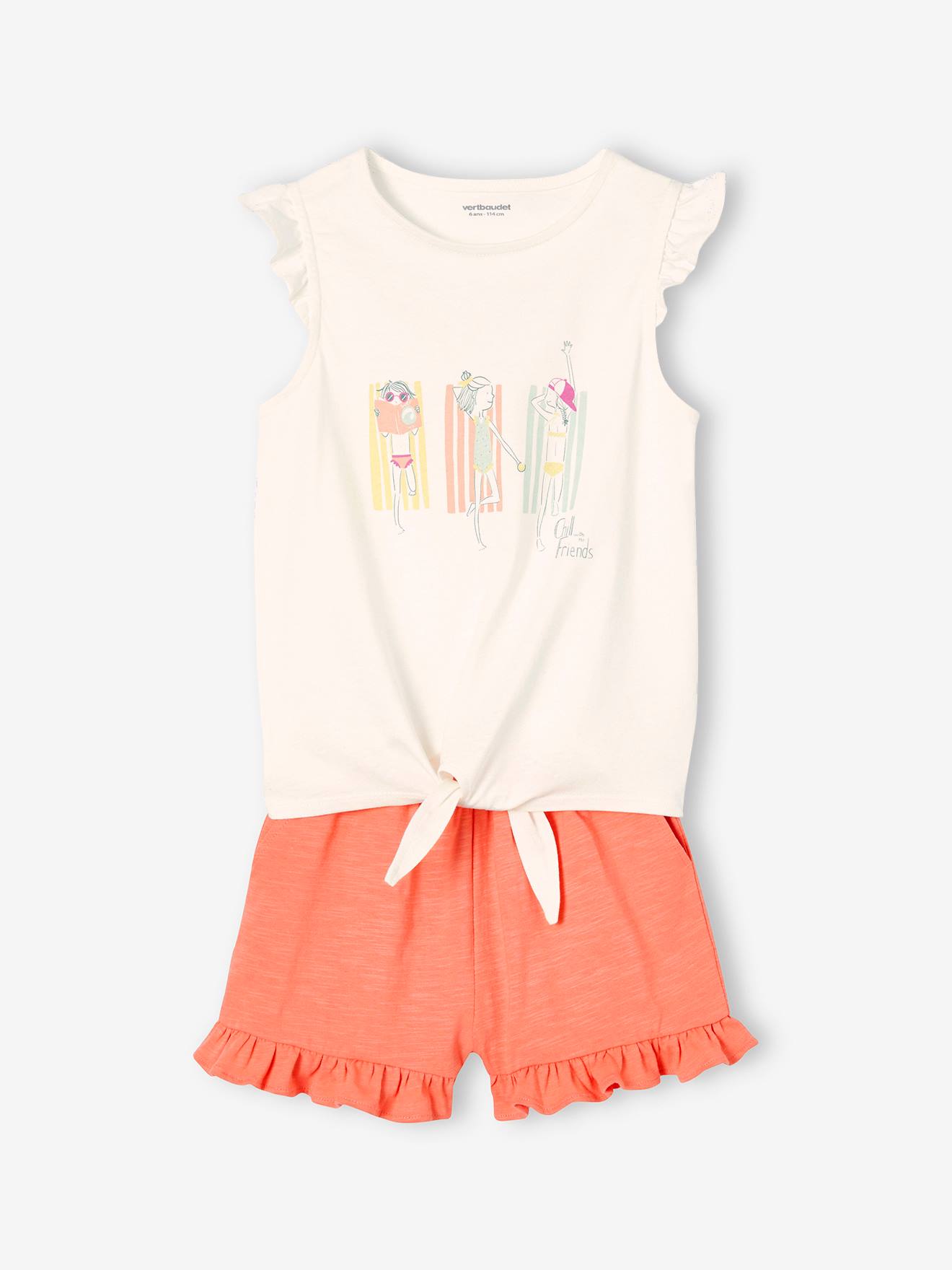 Ensemble T-shirt effet noué et short à volants fille jaune d'or