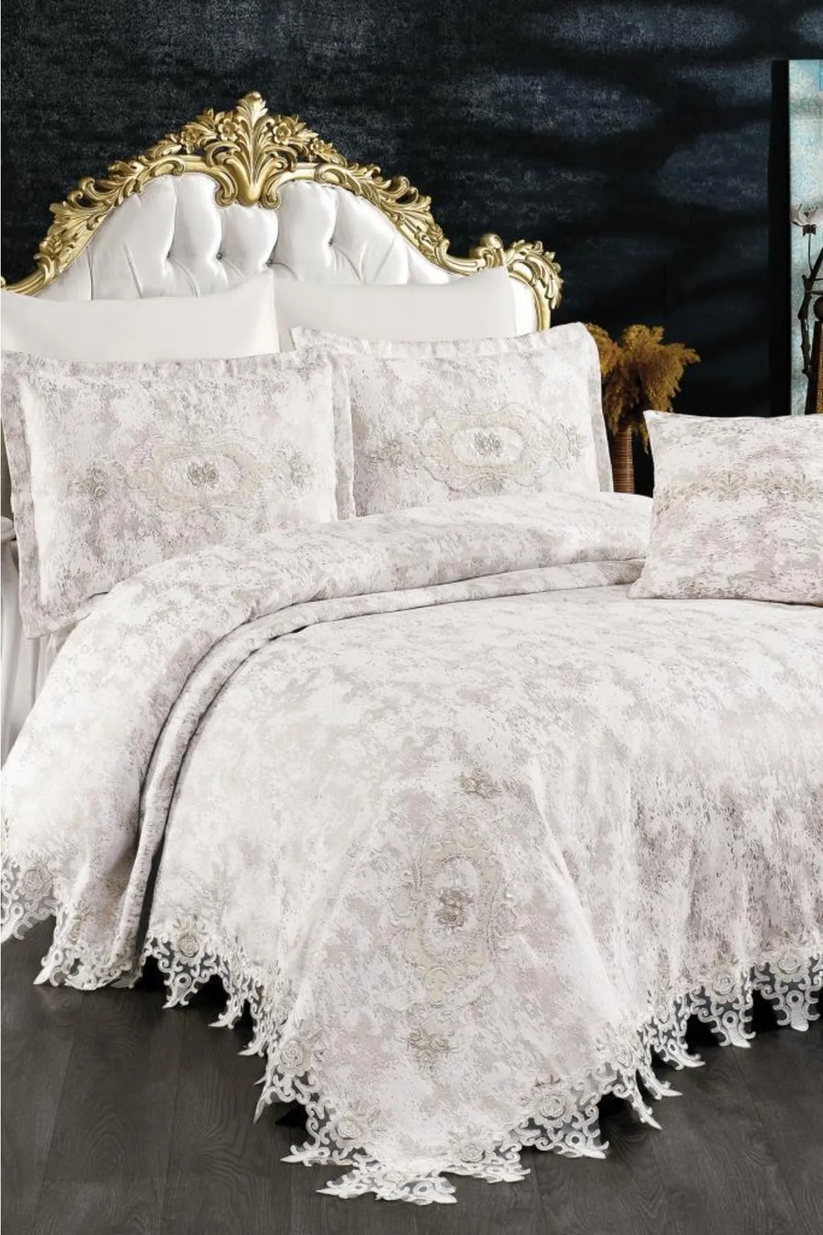 Çeyiz Diyarı  Berika Französisch geschnürtes Mitgift-Piqué-Set, 4-teilig, Creme