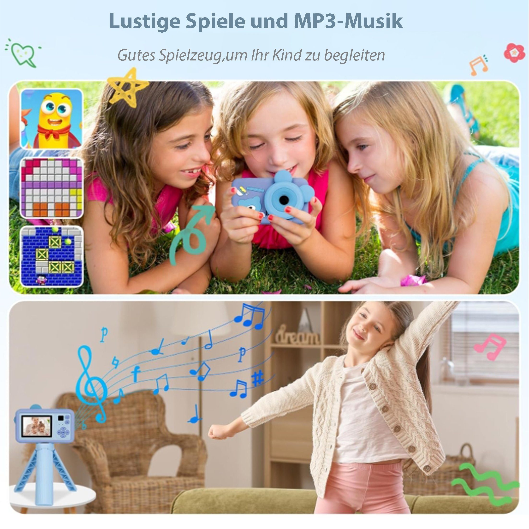 KINSI Kinderkamera,Duale Front- und Rückkamera,Digitalkamera,2600P HD Sofortbildkamera (Stativ-Kamera(Foto,Video,Filter,zeitgesteuerte Fotos,Musik,Spielex)