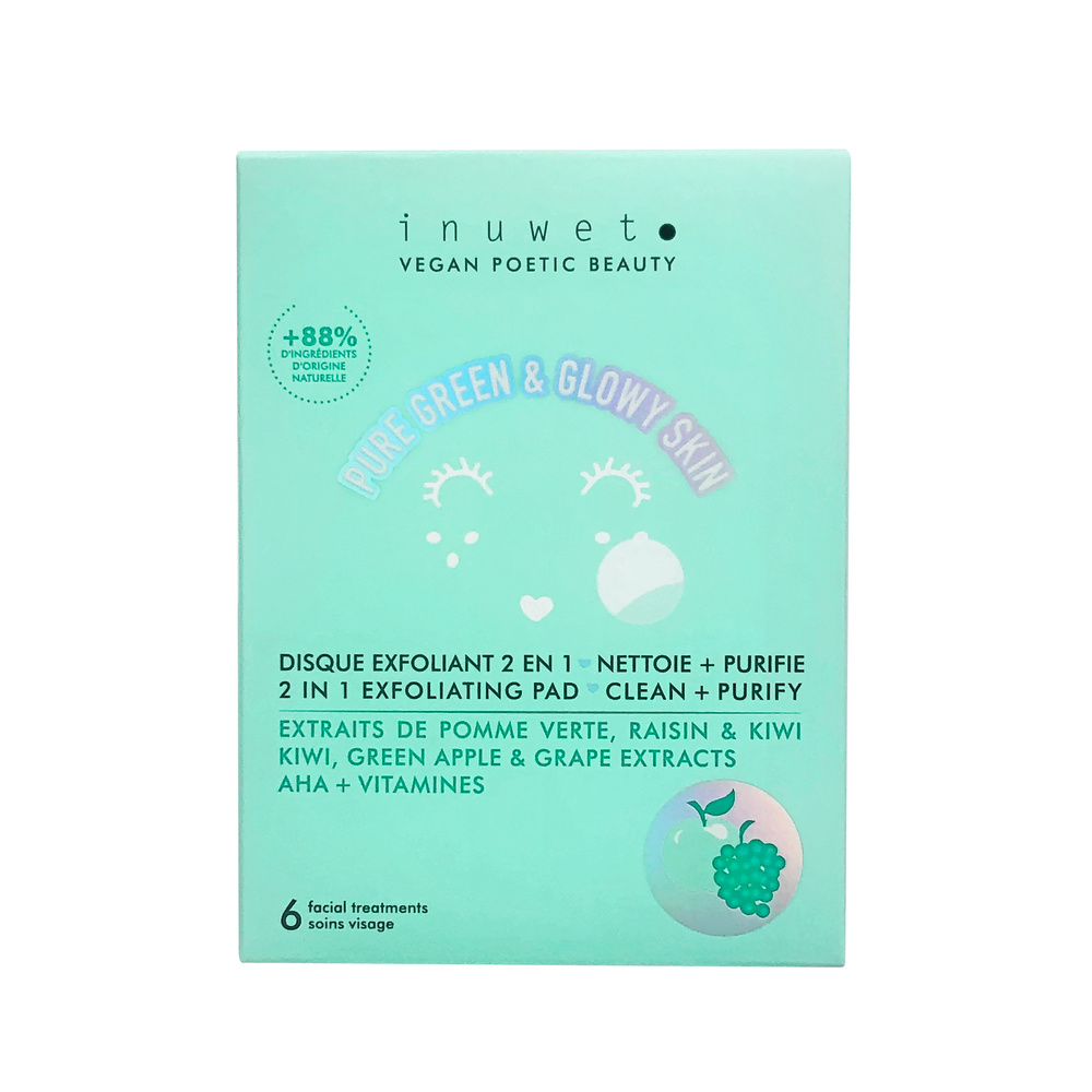 Inuwet Pad Visage Nettoyant et Exfoliant Boitede 6 Nettoyant Visage Vegan