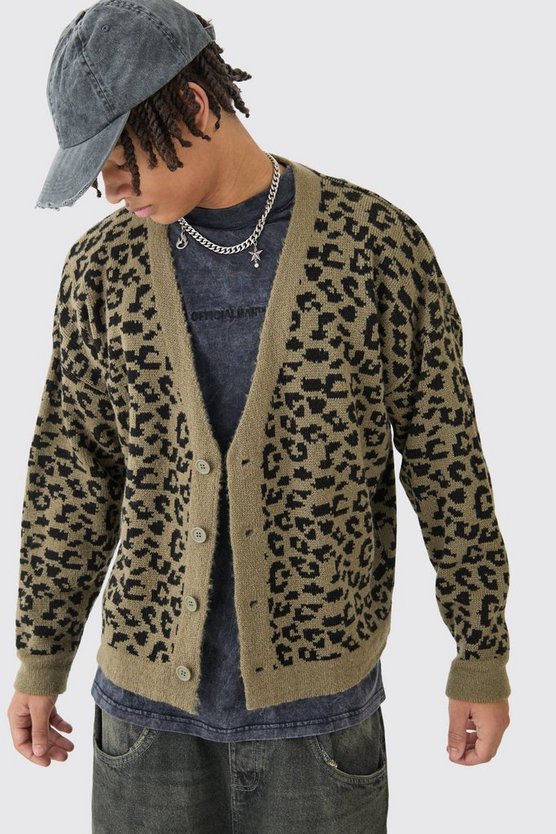 Kastiger Oversize Jacquard-Cardigan mit Leopardenprint
