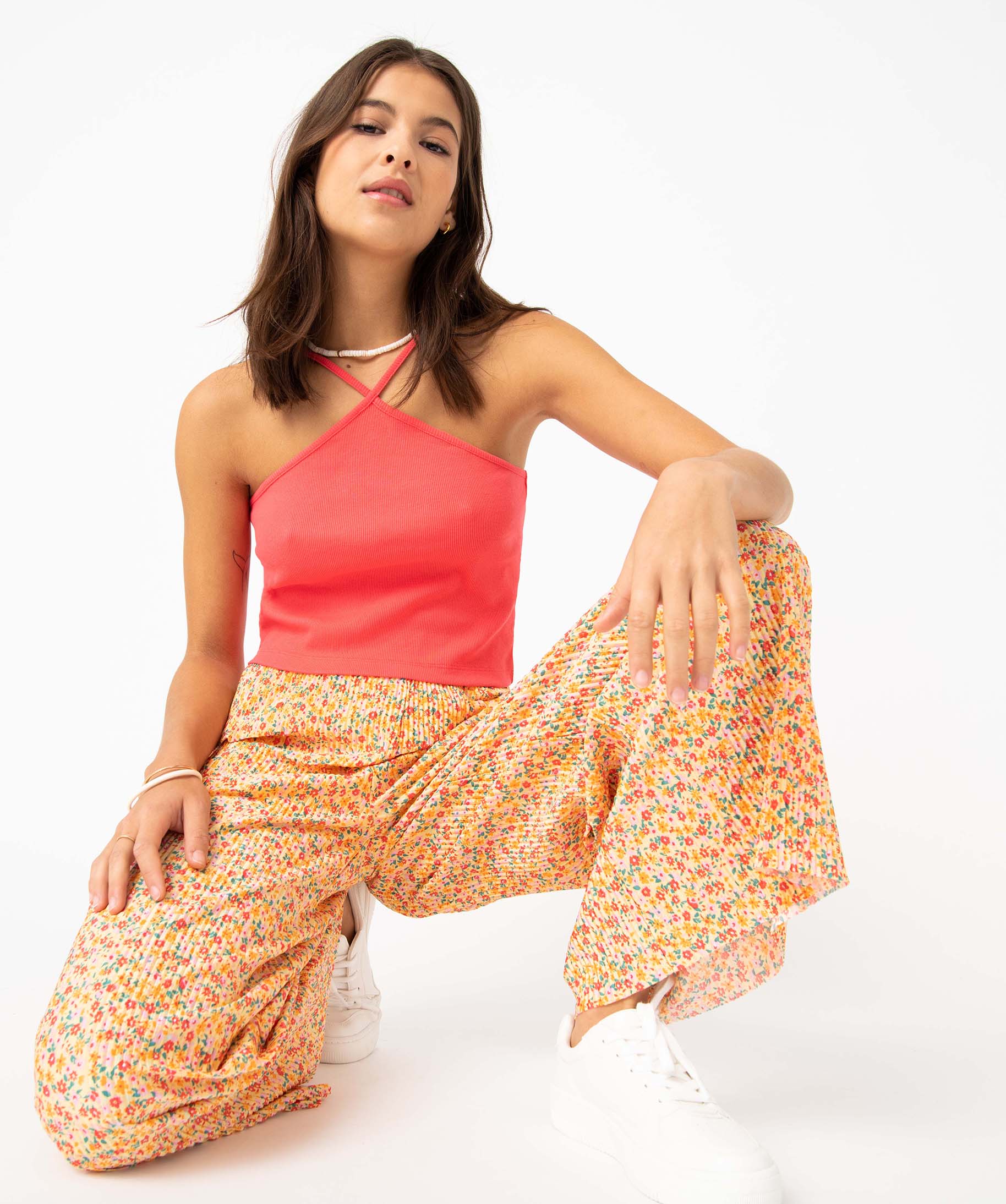 Débardeur femme ctelé à bretelles fantaisie rose | GEMO