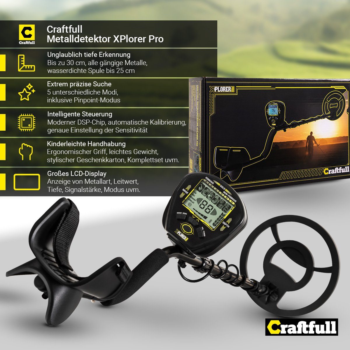 Craftfull Metalldetektor Metallsuchgerät Detector Komplettset XPlorer Pro inkl. Transporttasche, mit Gürtel-Tasche, Sondeln bis 30 cm Tiefe, 5 Modi, großes LCD-Display