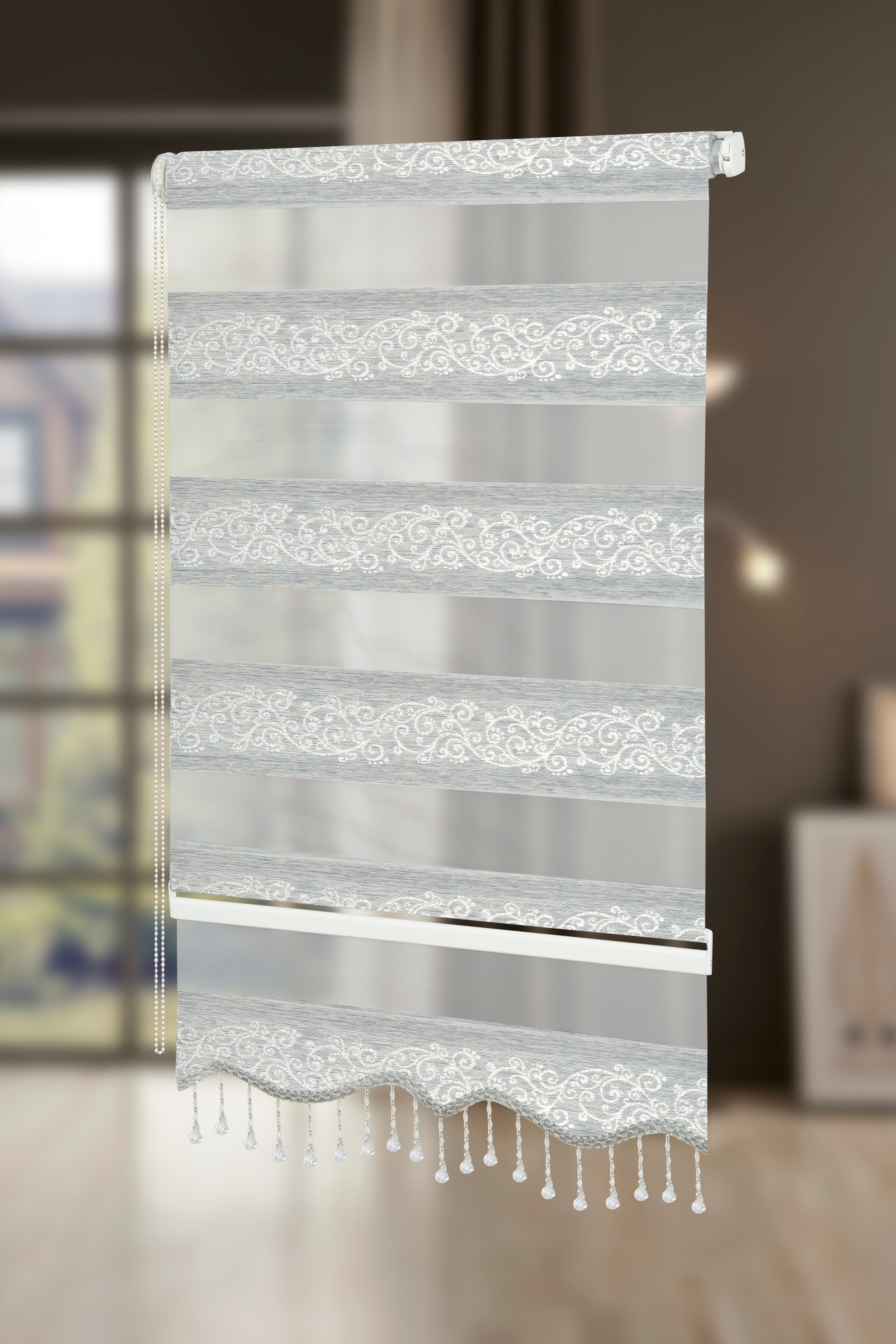 Doppelrollo Doppelrollo Duo Rollo Klemmfix ohne Bohren mit Muster Motiv in Grau, Storperde24, Lichtschutz, Fensterrahmenmontage mit Klemmträger
