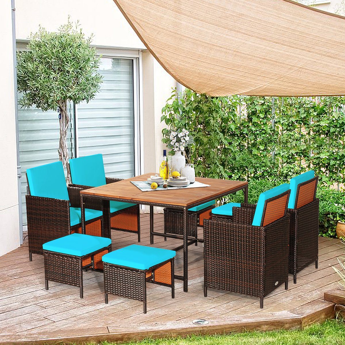 COSTWAY Garten-Essgruppe, (9-tlg), Rattan, 8 Personen, mit Schrimloch&Kissen