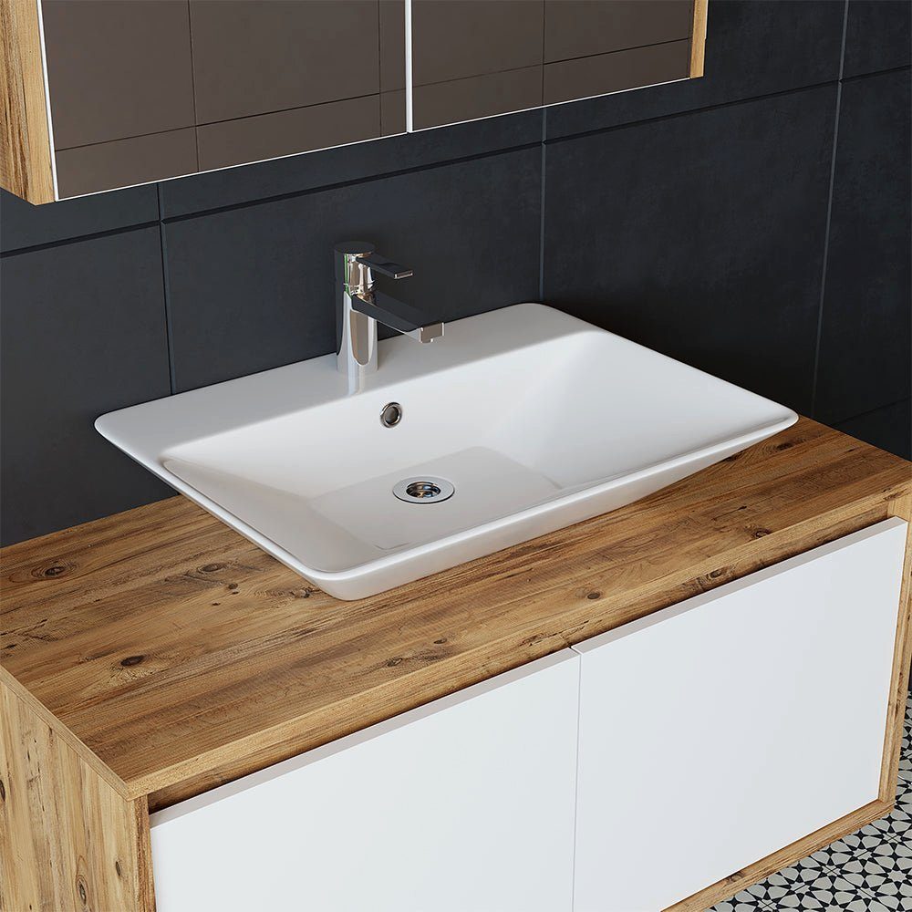 Roomart Badmöbel-Set, (Badmöbel Set 3-teilig 100cm Unterschrank mit Waschbecken Spiegelscrank)