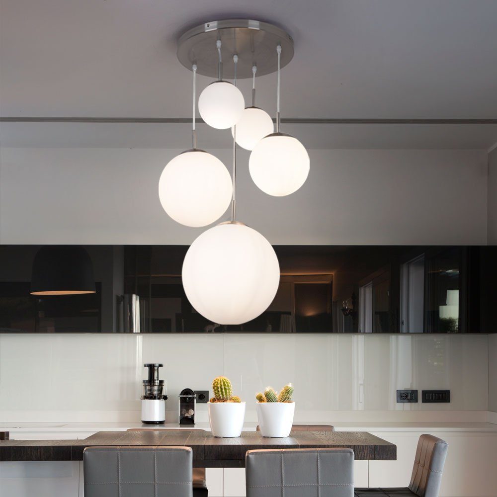 Globo Kugelleuchte, Leuchtmittel nicht inklusive, Hängeleuchte Wohnzimmerlampe 5-flammig Glas Schirm Kugel silber H 90cm