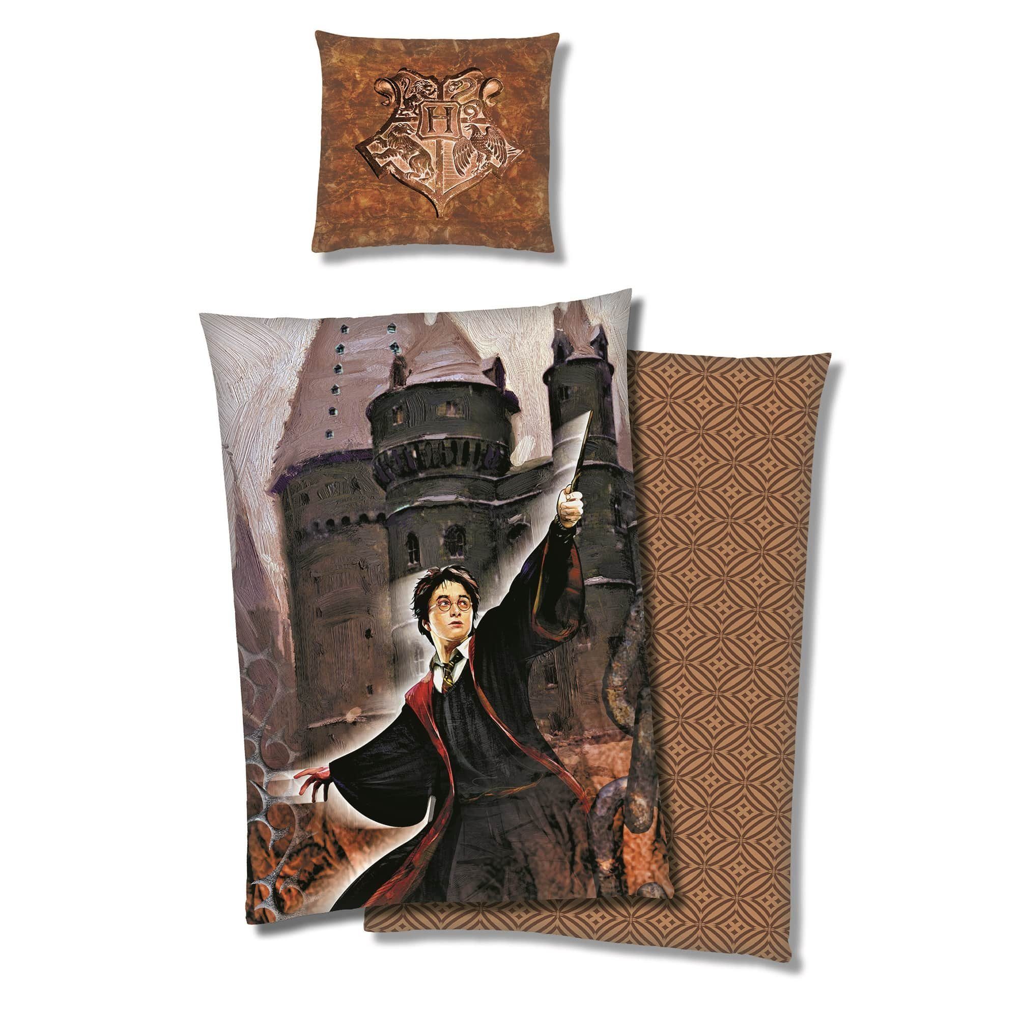Kinderbettwäsche Harry Potter 135x200 80x80 cm, extra flauschig mit Reißverschluss, Familando, Fleece, 2 teilig, mit Hogwarts Wappen auf Kopfkissen und Wendeseite
