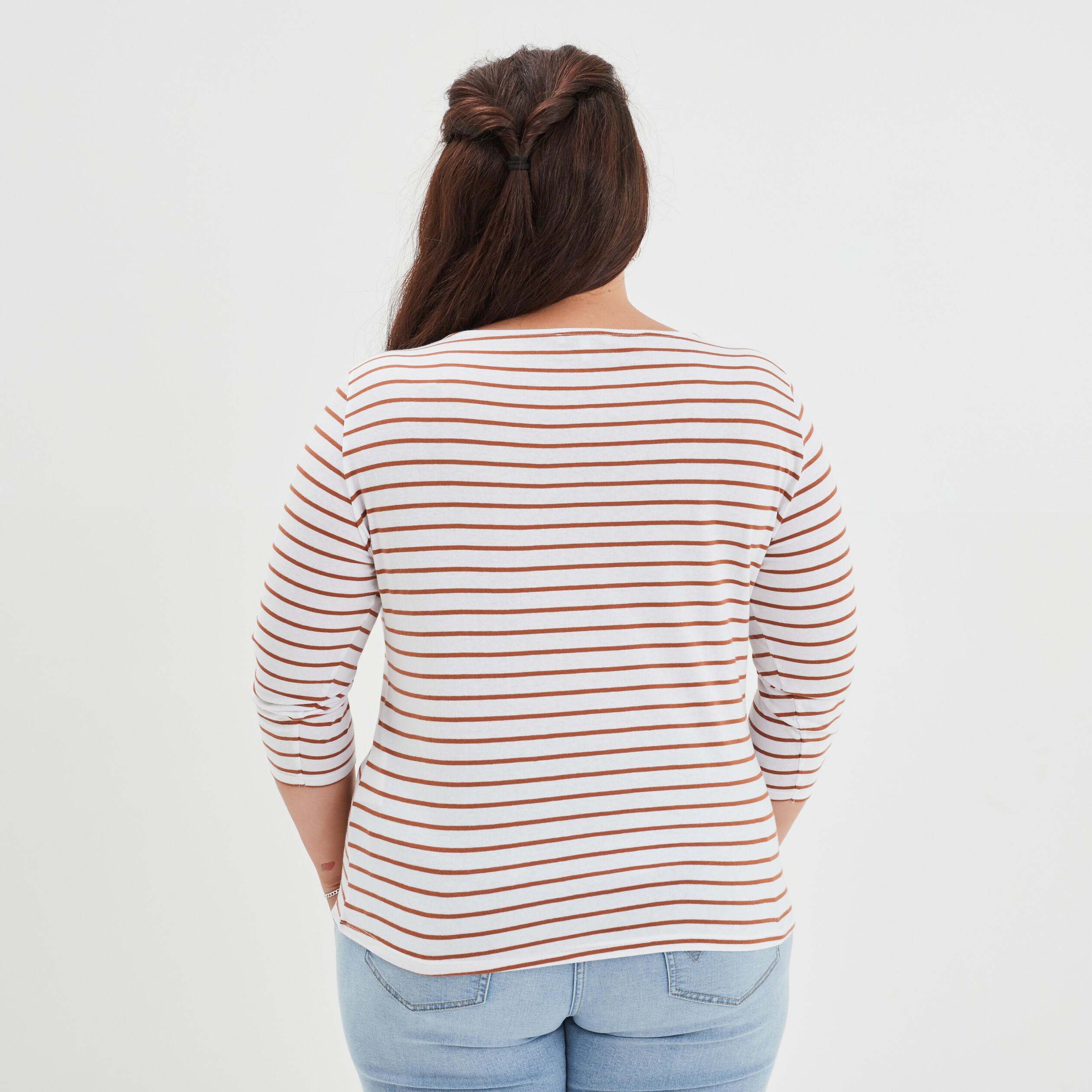 T-shirt marinière col rond manches 3 4 ecru femme grande taille | La Halle