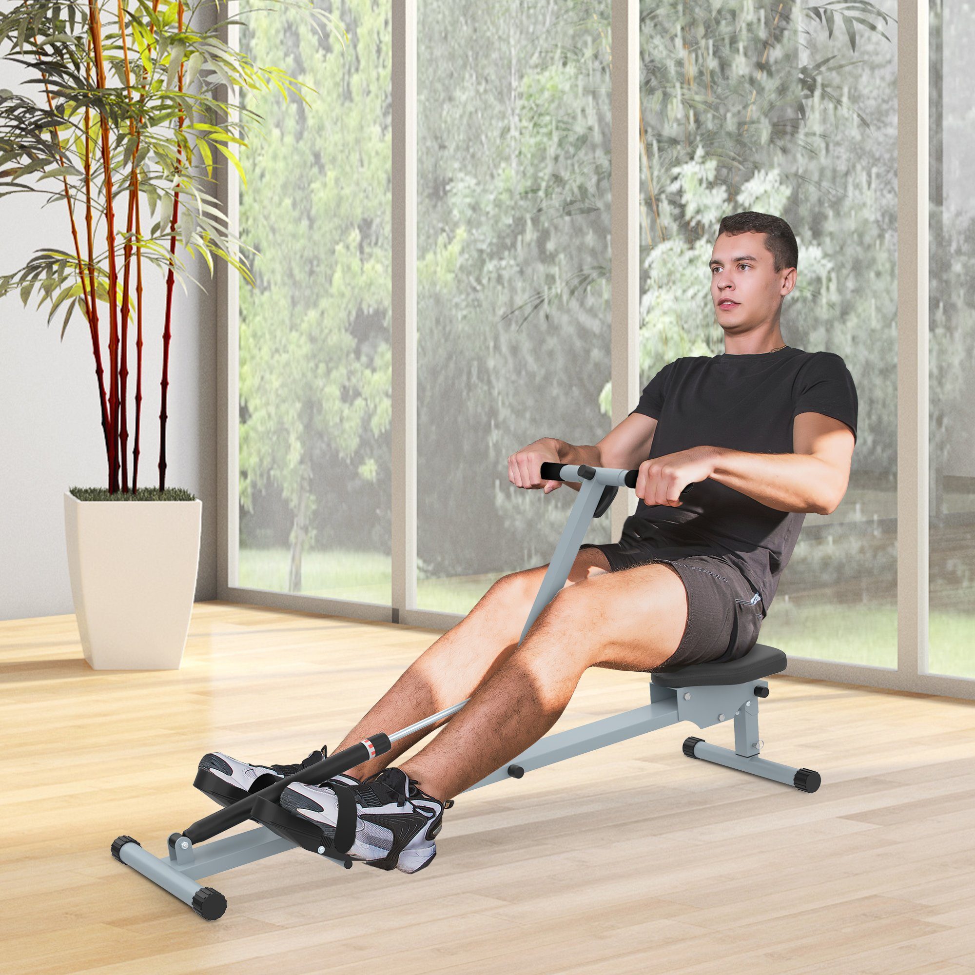 HOMCOM Rudergerät Rudermaschine Fitnessgerät Heimtrainer, Stahl+PVC, Grau (Set, 1-tlg., mit LCD Display), 130L x 47.5B x 67H cm