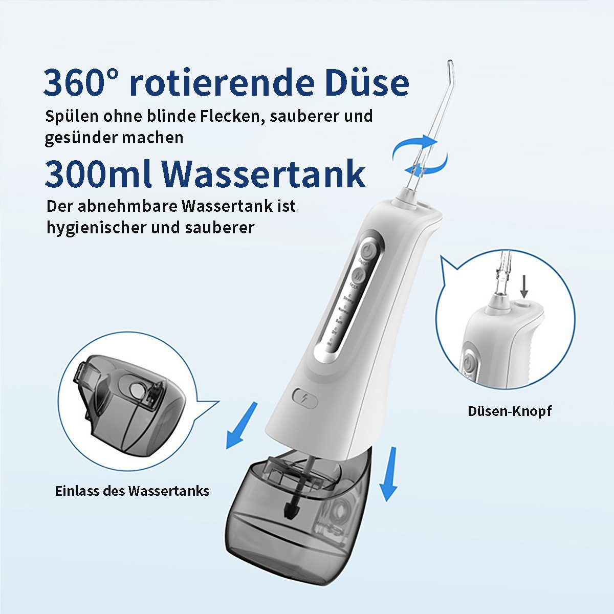 flowgoer Reise-Munddusche Kabellose Munddusche, 300 ml, 5 Modi, 7 Düsen für Tiefenreinigung, IPX7 wasserdicht, tragbar, praktisch für unterwegs und zu Hause, USB-C