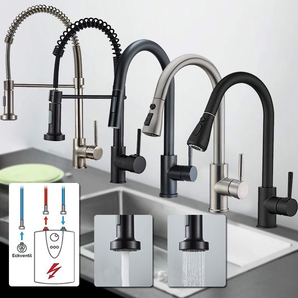 XIIW Waschtischarmatur Niederdruck Wasserhahn Mischbatterien Küchenarmatur Spültischarmatur (mit 3 Anschlussschläuche, Brause Ausziehbar, 360° Schwenkbar, Einhebelmischer Armatur für Küche) Küchenspüle Armatur, Höhe 390MM