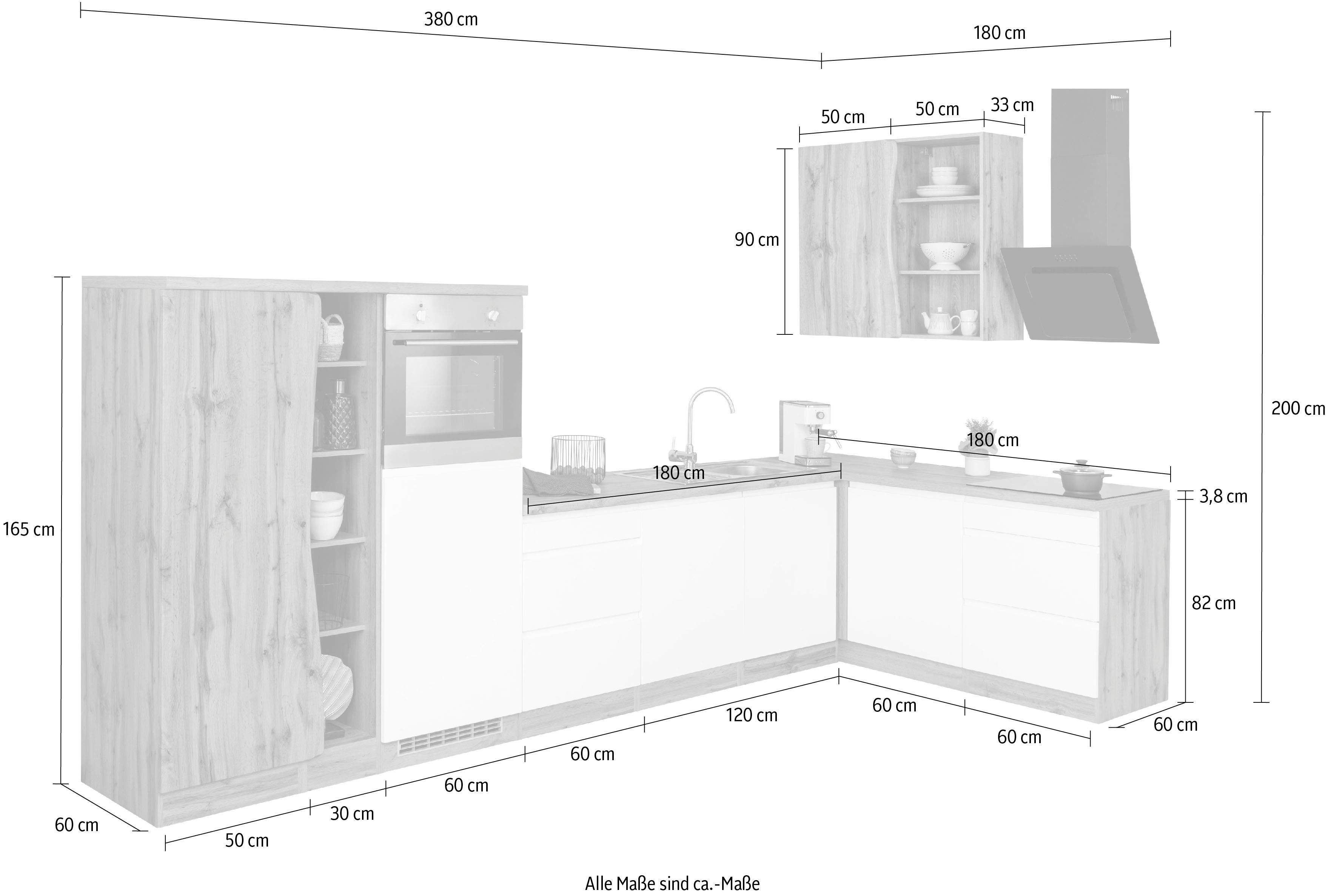 HELD MÖBEL Küche Bruneck, Stellbreite 380/180 cm breit, Ceran oder Induktionskochfeld, MDF
