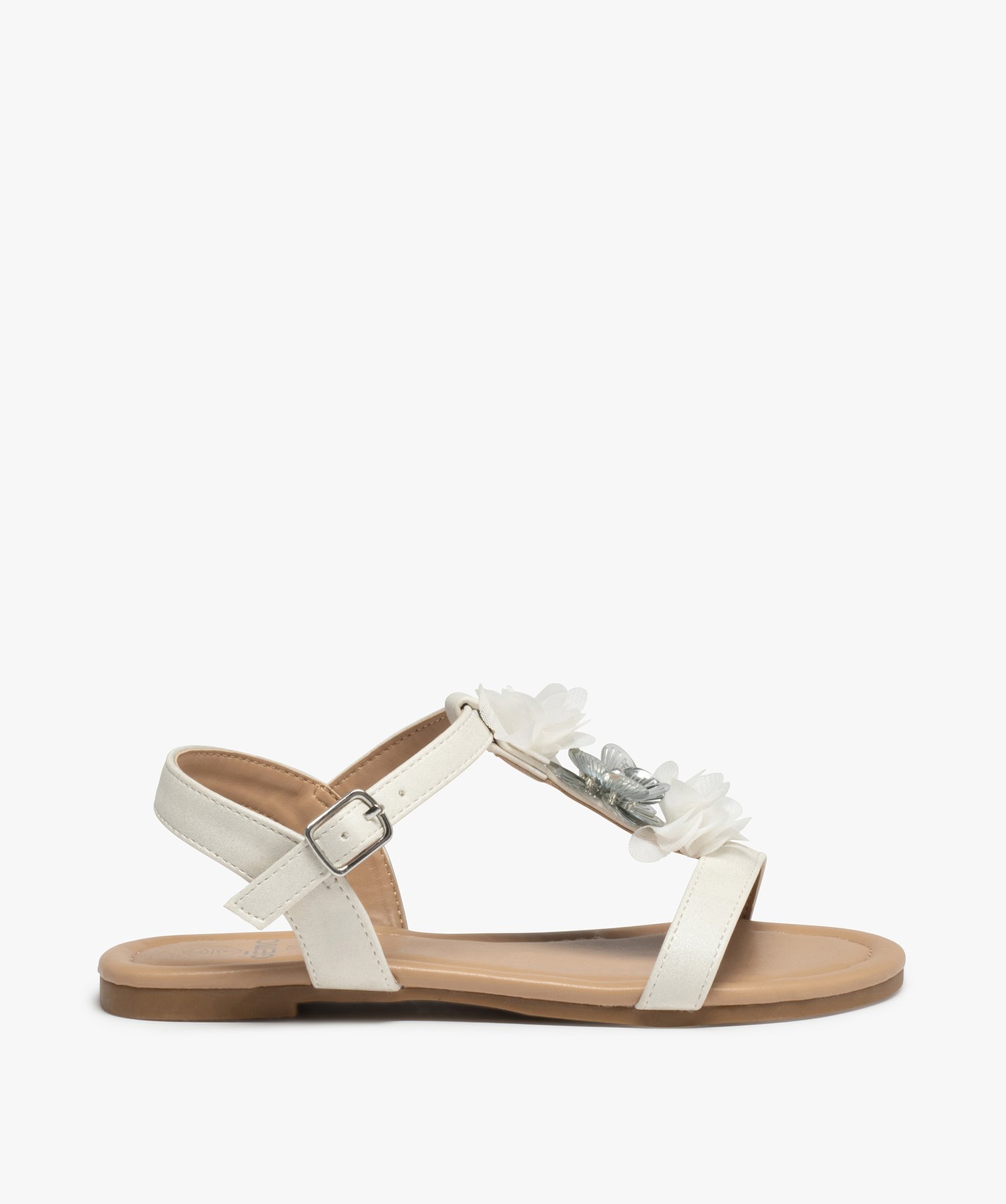 Sandales filles à talon plat et fleurs en tulle blanc | GEMO