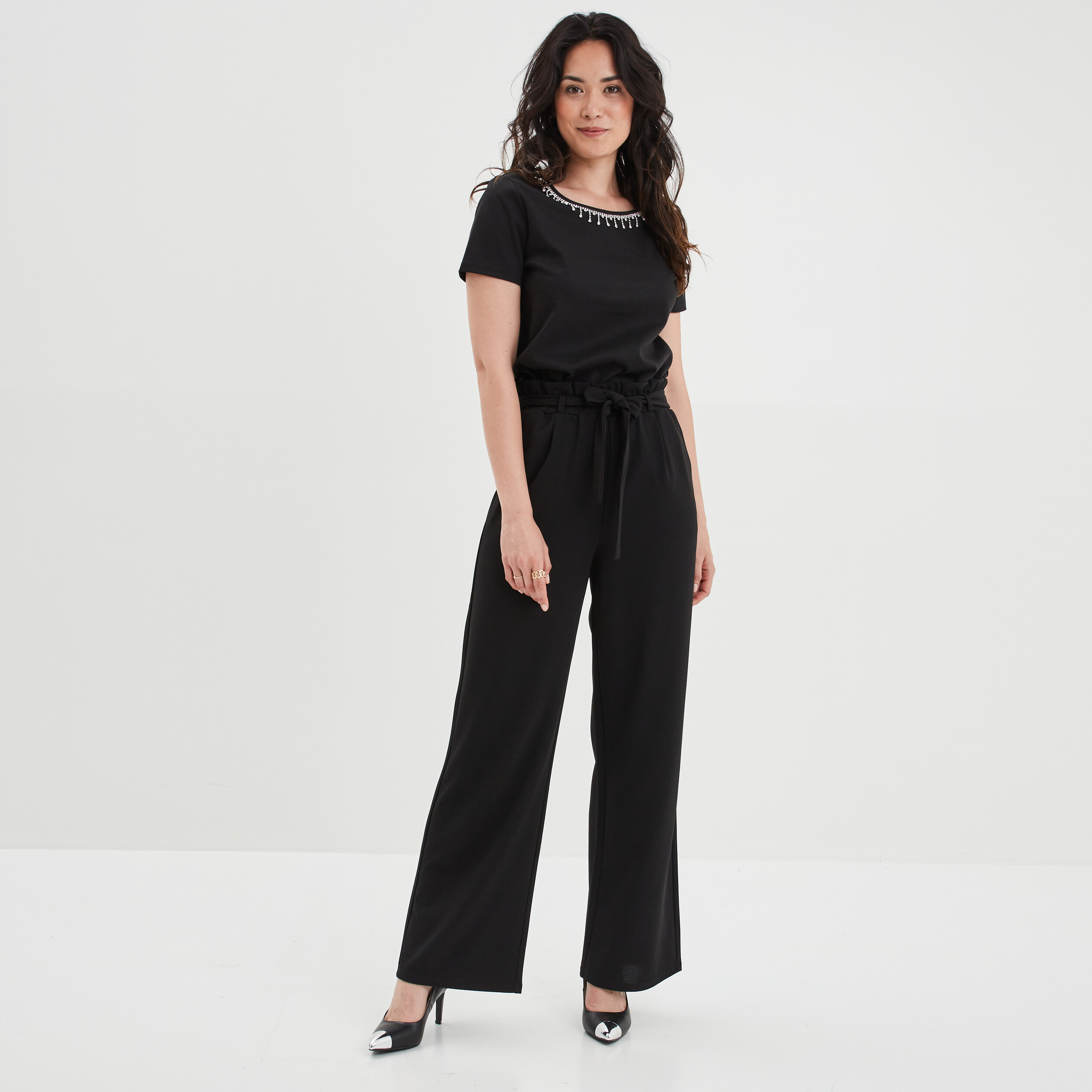 Pantalon large ceinturé noir femme | La Halle