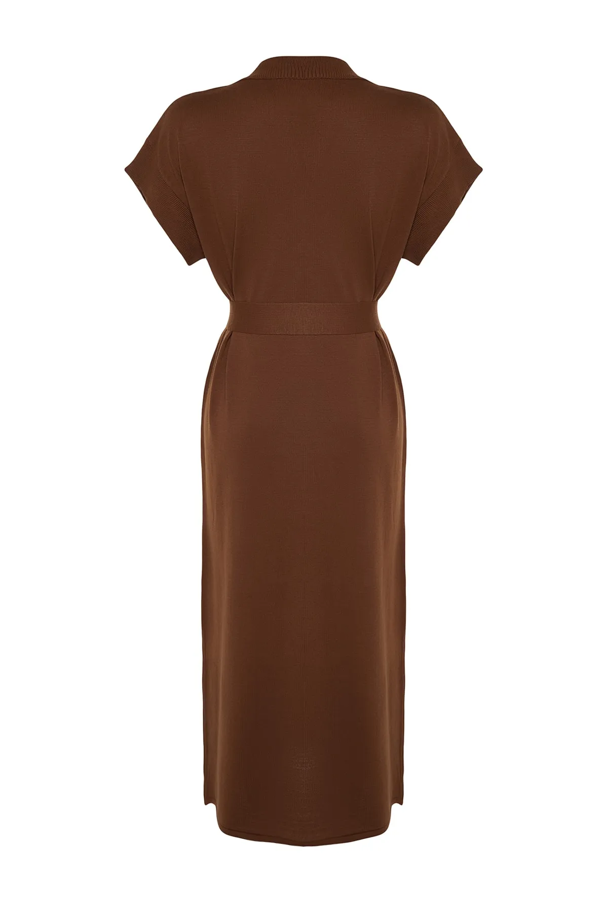 Trendyol Modest  Dunkelbraunes langes Strickpulloverkleid mit Gürtel TCTAW24UV00020