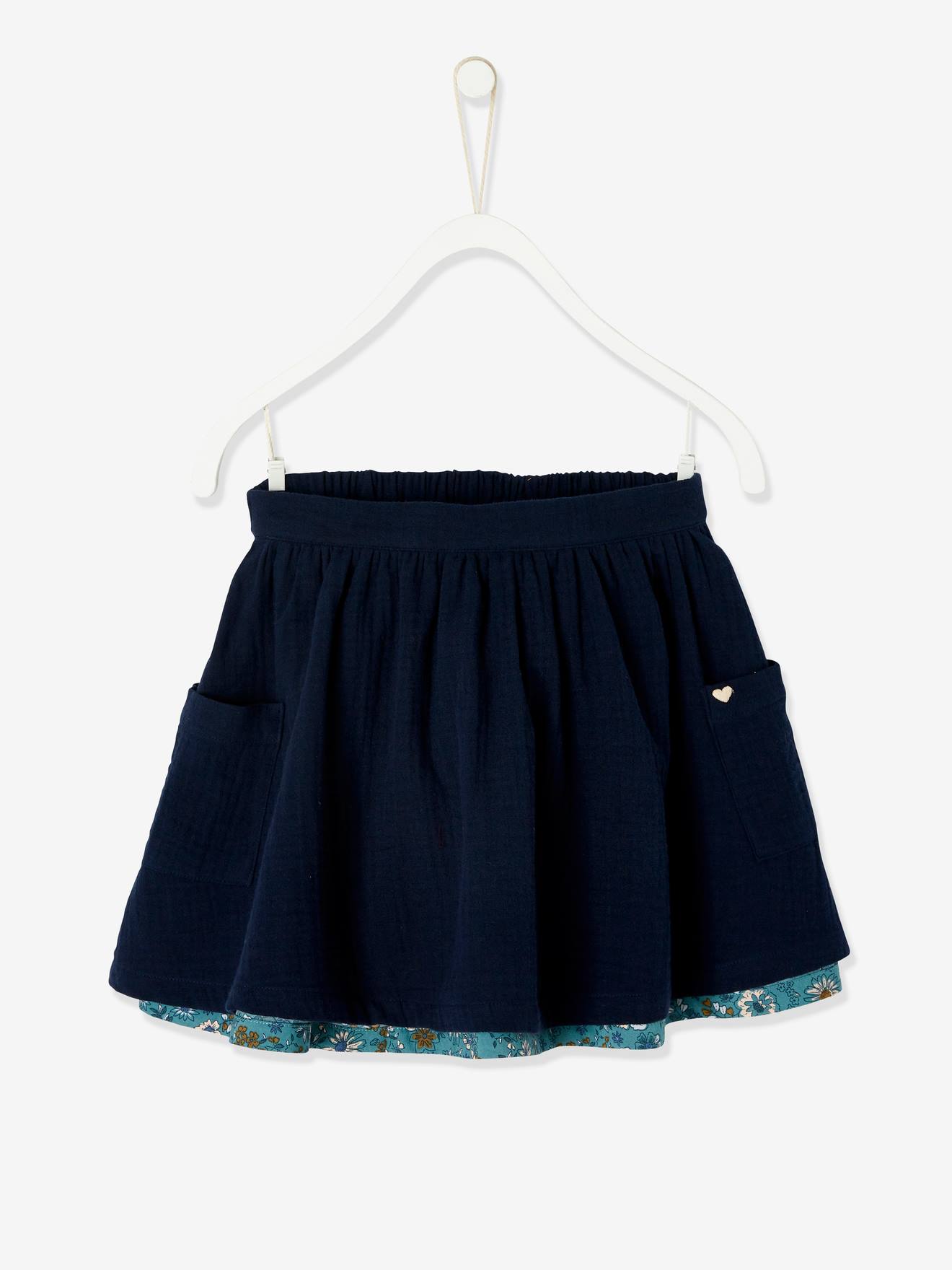 Jupe réversible fille en gaze de coton et imprimé fleurs bleu