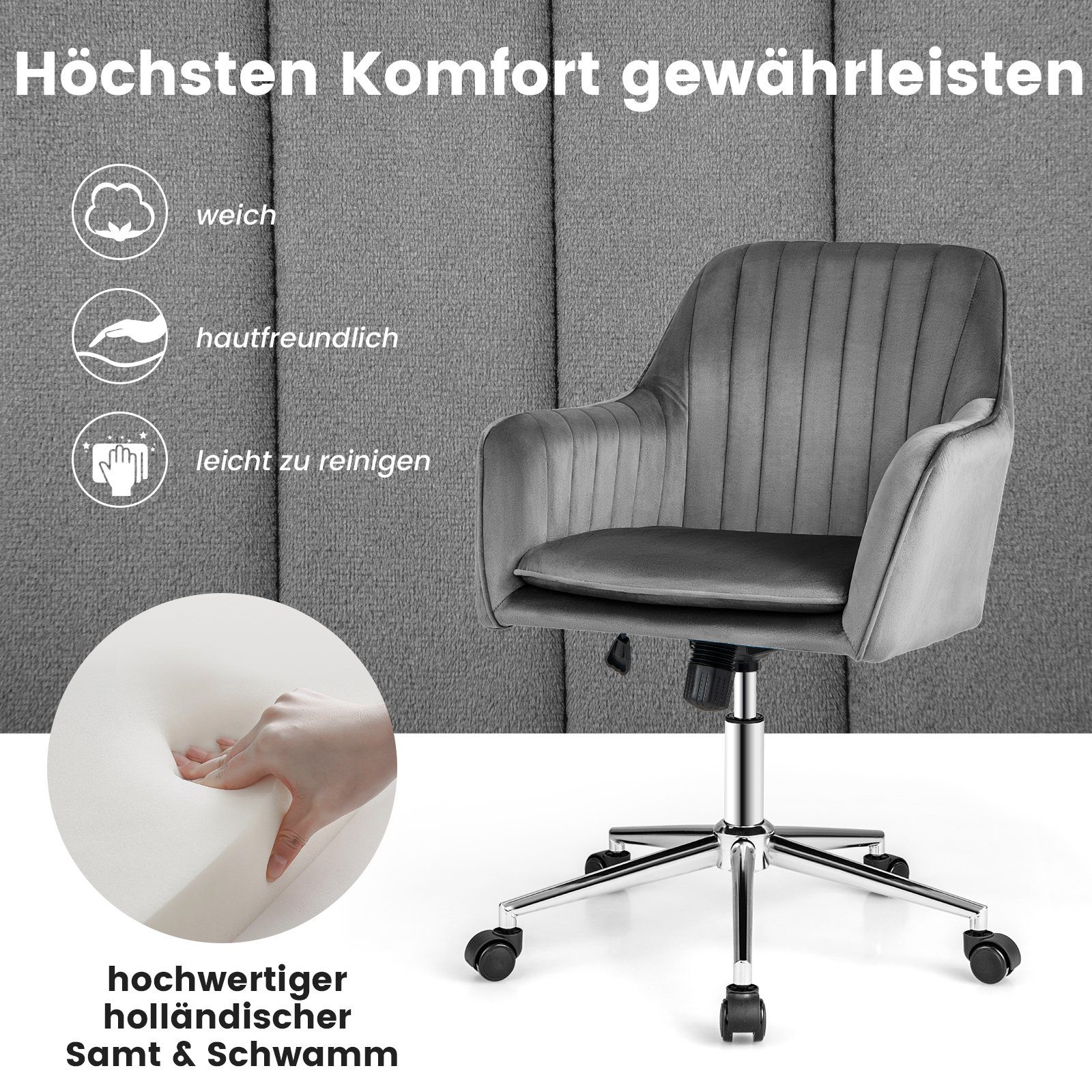 COSTWAY Bürostuhl, Samt, höhenverstellbar, drehbar, mit Armlehne, auf Rollen