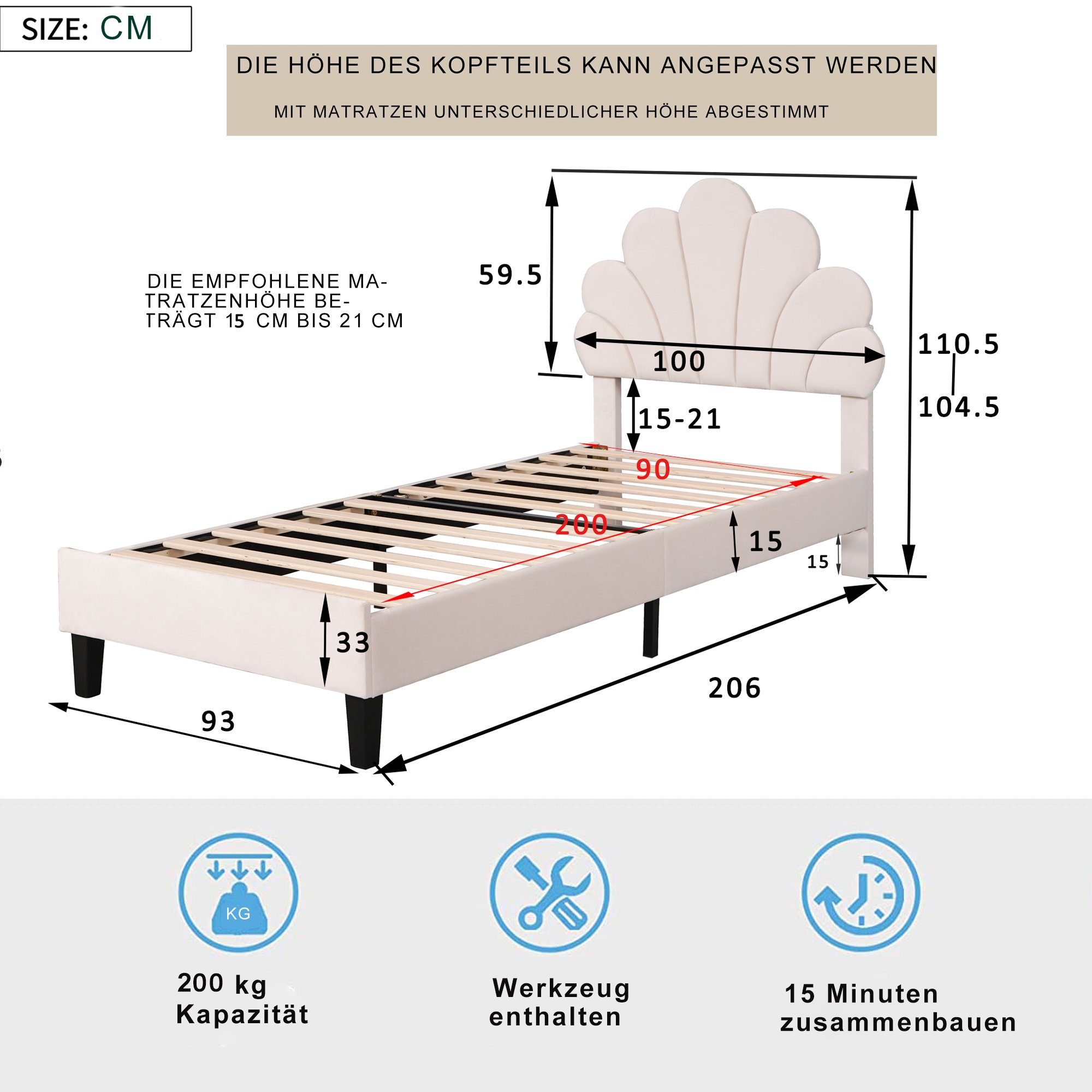 Flieks Polsterbett, Einzelbett Kinderbett Blumenform-Kopfteil Samt 90x200cm