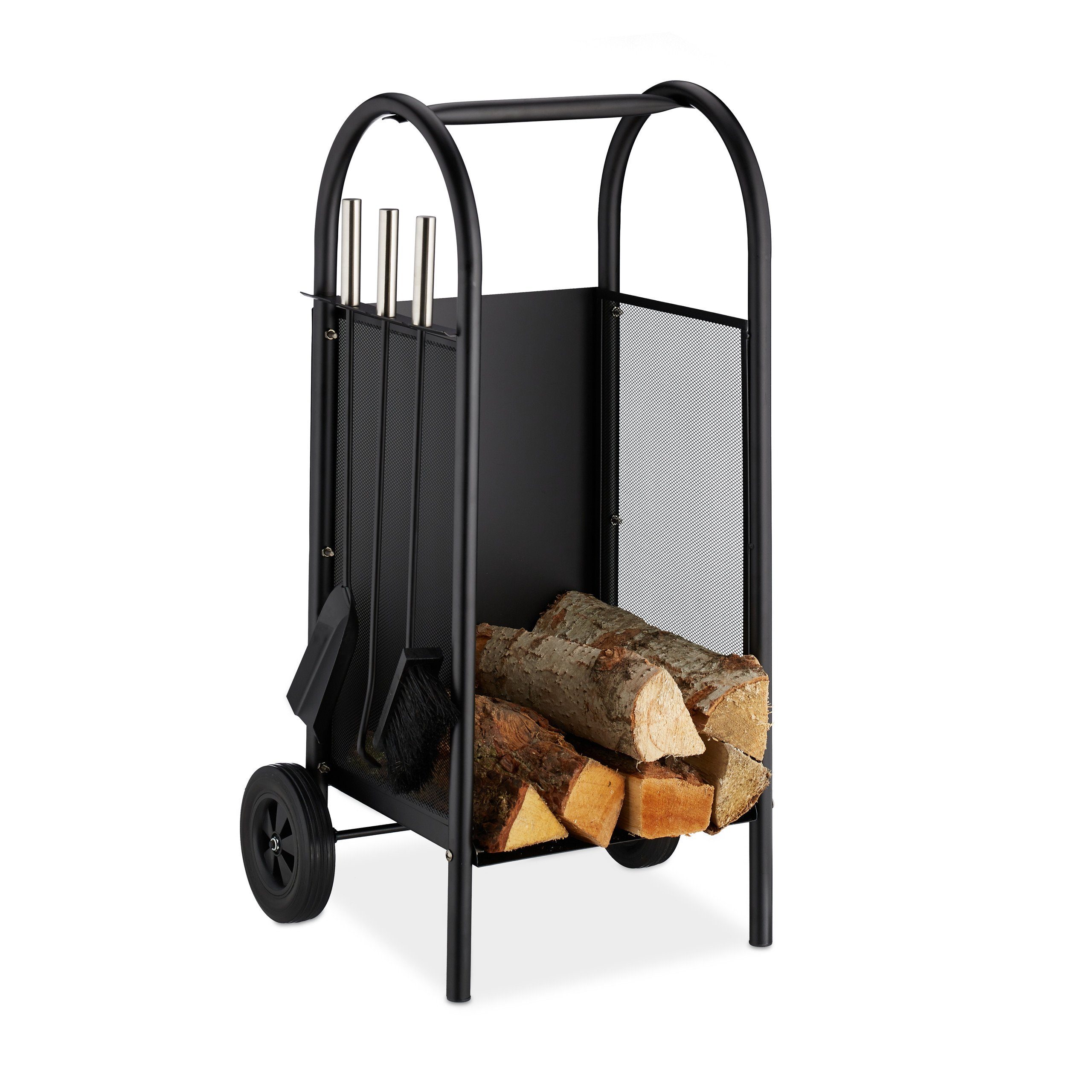 relaxdays Kaminholzregal Kaminholzwagen mit Besteck, BxTxH:42x37x81 cm
