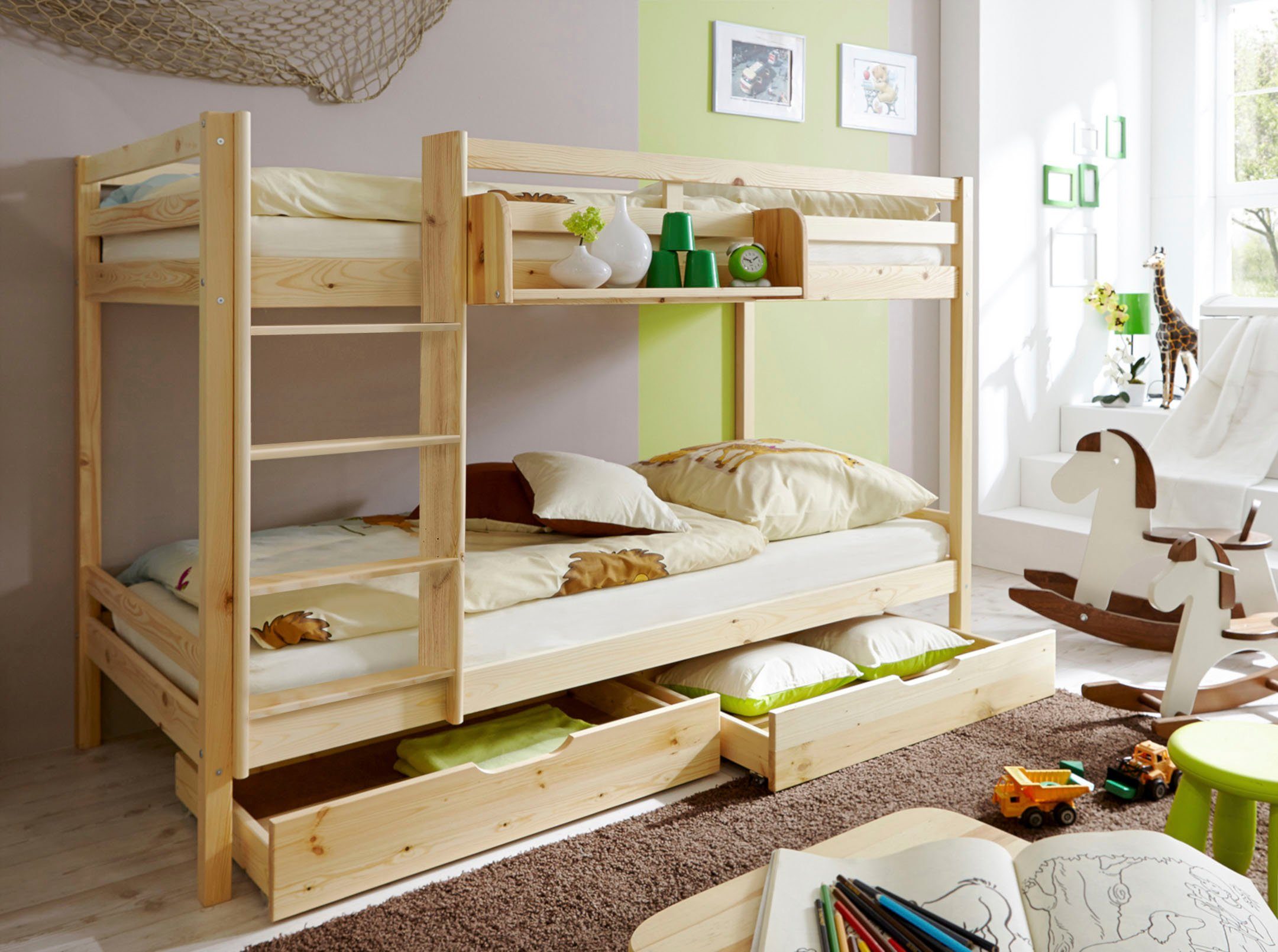 Ticaa Etagenbett René, Hochbett, TOPSELLER! In 2 Farben, 90x200cm, FSC® zertifiziertes Massivholz, mit Trittleiter + Rundum-Absturzschutz