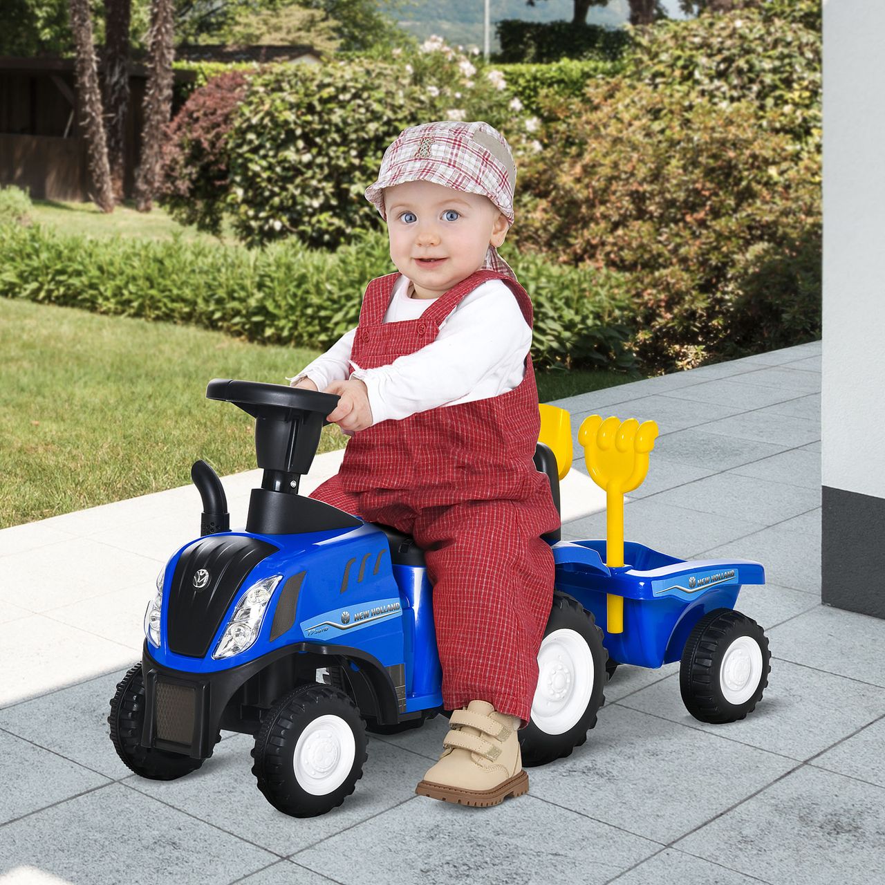 HOMCOM Rutschauto Kindertraktor Tretauto mit Anhänger Hupe Scheinwerfer Blau