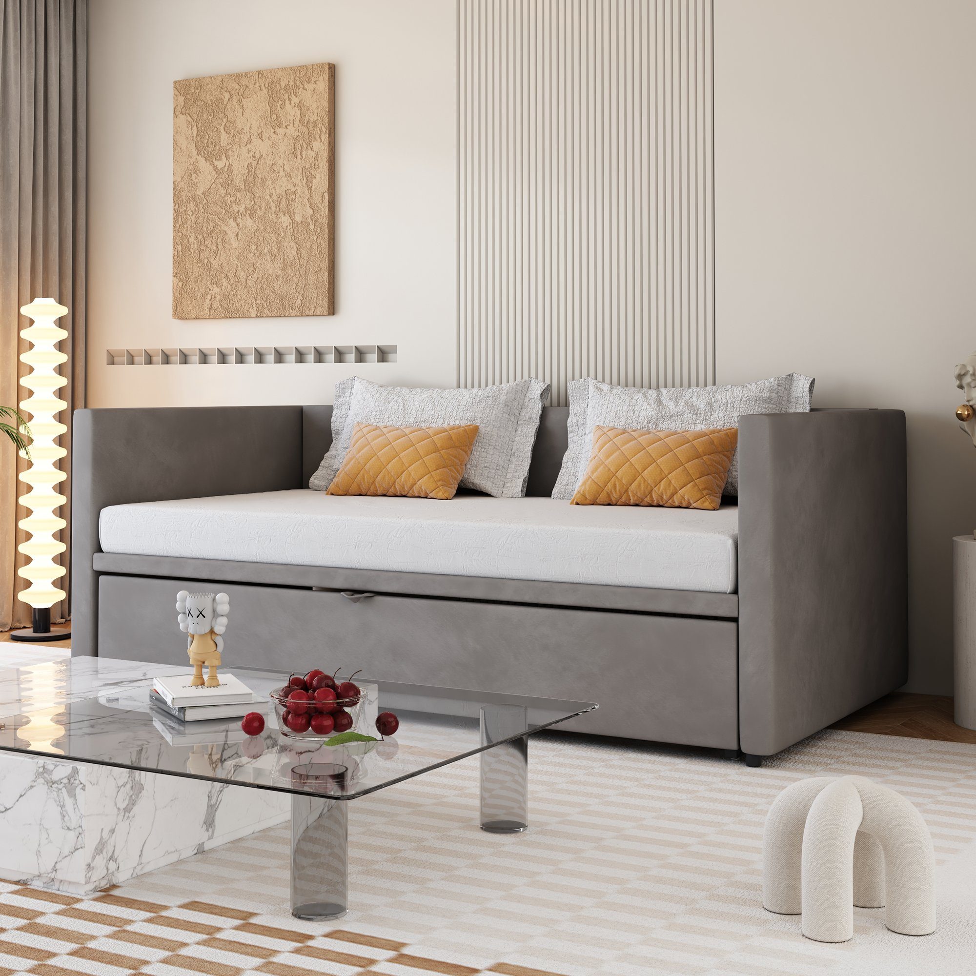 OKWISH Bett Polsterbett Ausziehbares Schlafsofa, 90/180*200 cm (aus hautfreundlichem Samtstoff, mit Lattenrosten), Ohne Matratze