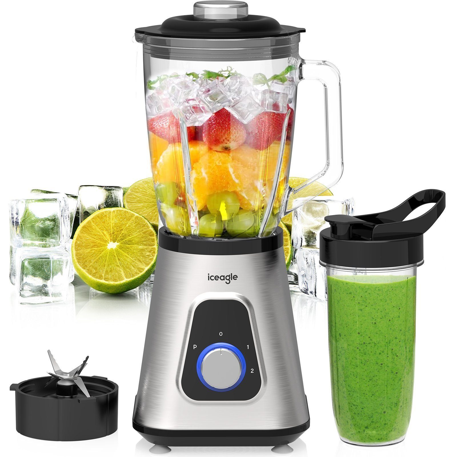 iceagle Standmixer Standmixer 2-in-1 Mixer Smoothie Maker Multifunktion Entsafte Fleisch, 1300,00 W, 2 Ebenen, Edelstahl, 1,5L Glasaufsatz, 0,6L Tragbare Tasse, 6-Kling