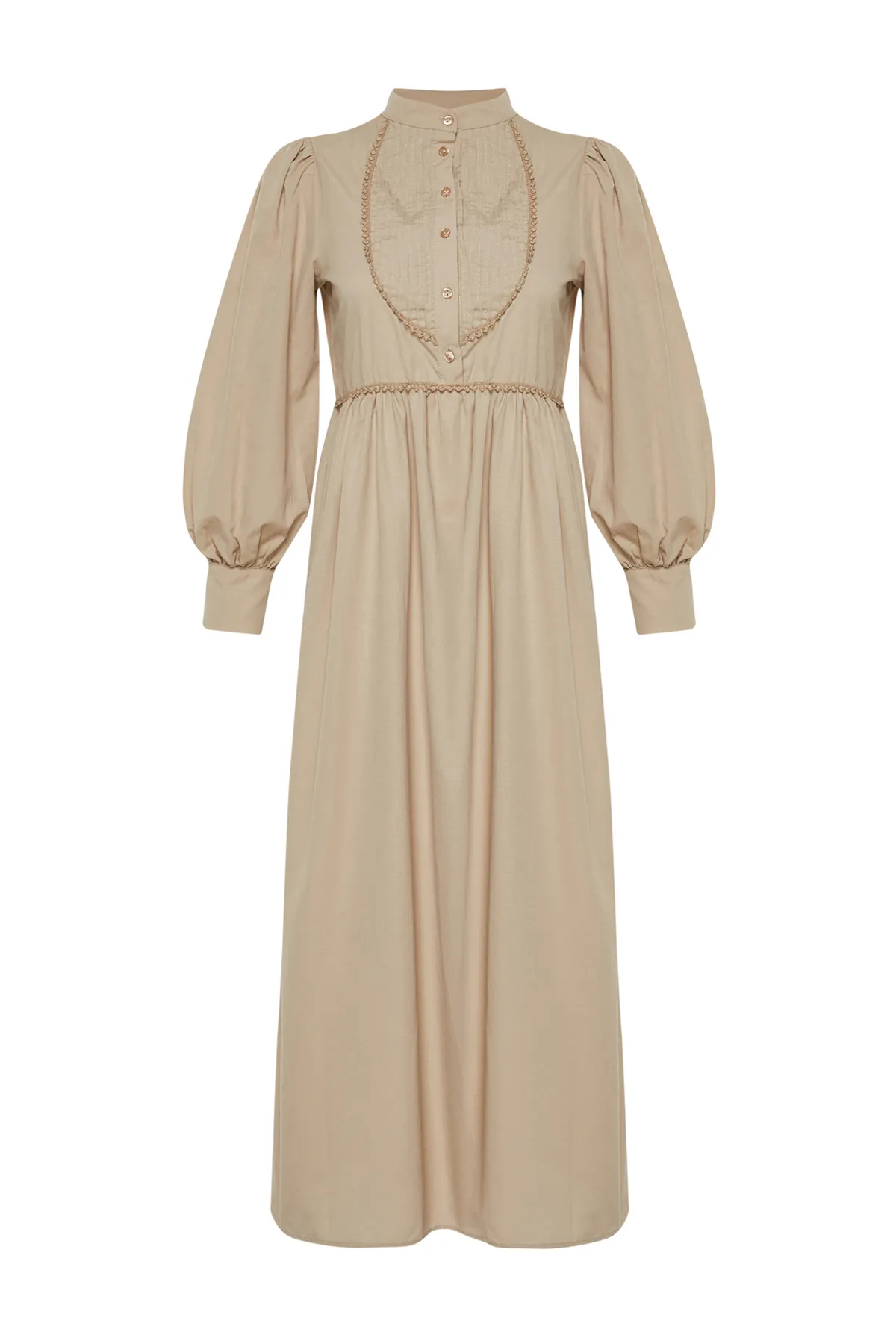 Trendyol Modest  Nerzfarbenes, gewebtes Kleid mit Stehkragen, Ballonärmeln, Knöpfen und Paspelierung TCTSS24EB00129