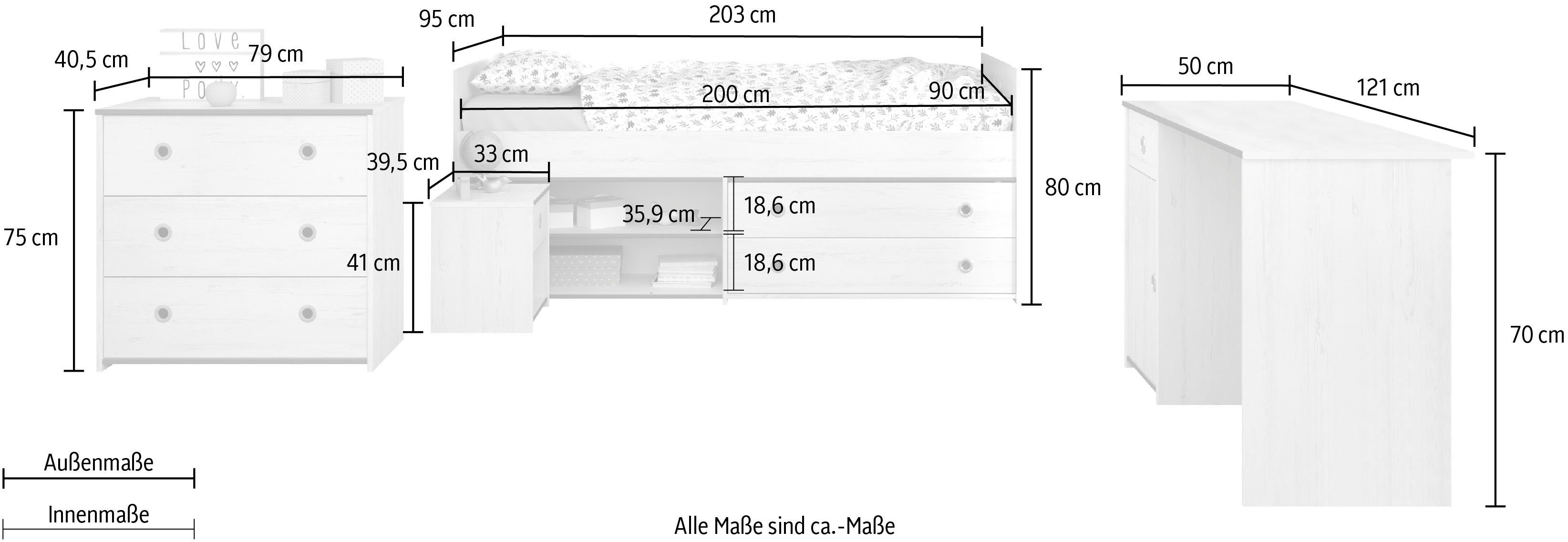 Parisot Jugendzimmer-Set Smoozy, (4-St., Stauraumbett, Nachttisch, Schreibtisch und Schubkastenkommode)