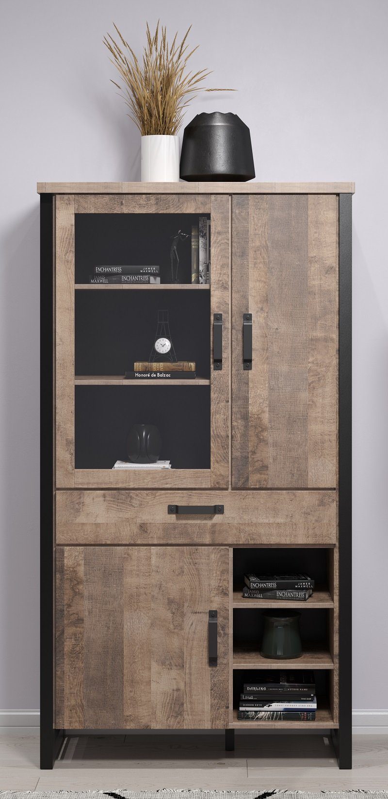 trendteam Wohnwand Wohnwand Anbauwand Emile 1, Eiche Tabak / Schwarz, 4-teilig, (4-St)