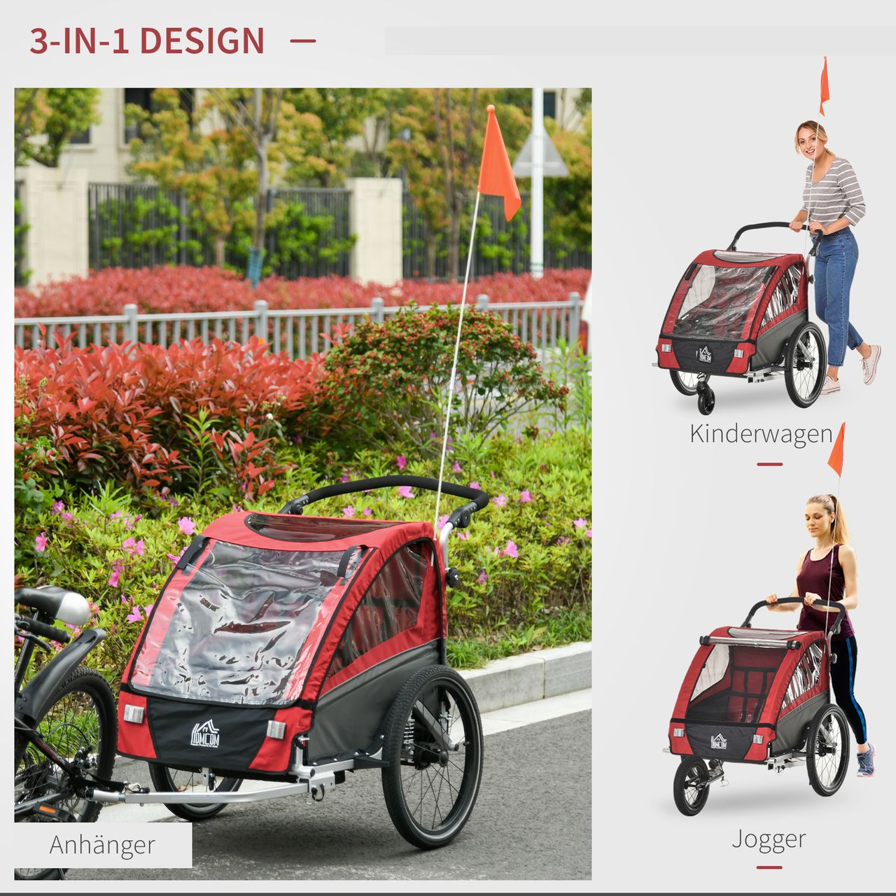 HOMCOM 3 in 1 Kinderanhänger Jogger Fahrradanhänger für 2 Kinder Alu Rot