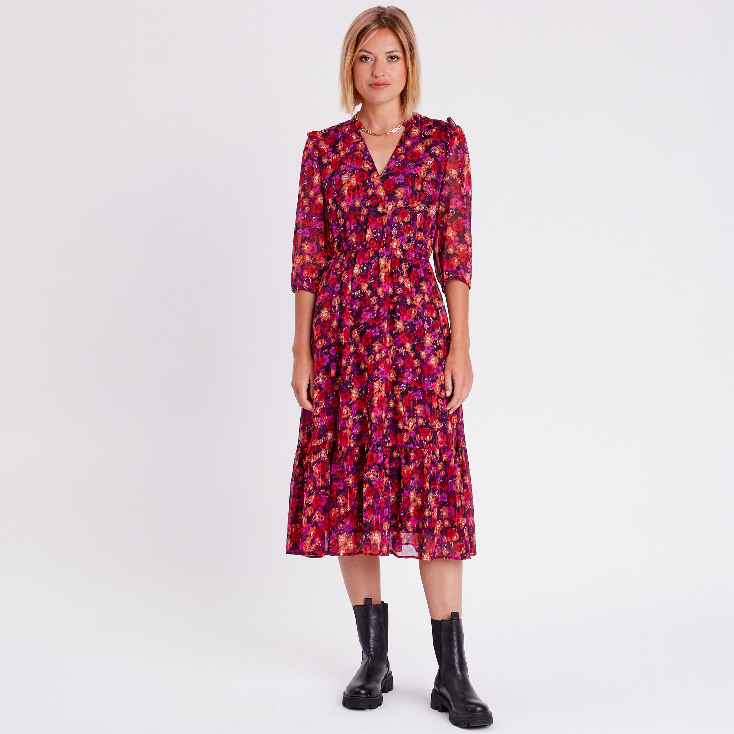 Robe longue évasée volantée rose fushia femme | Cache Cache