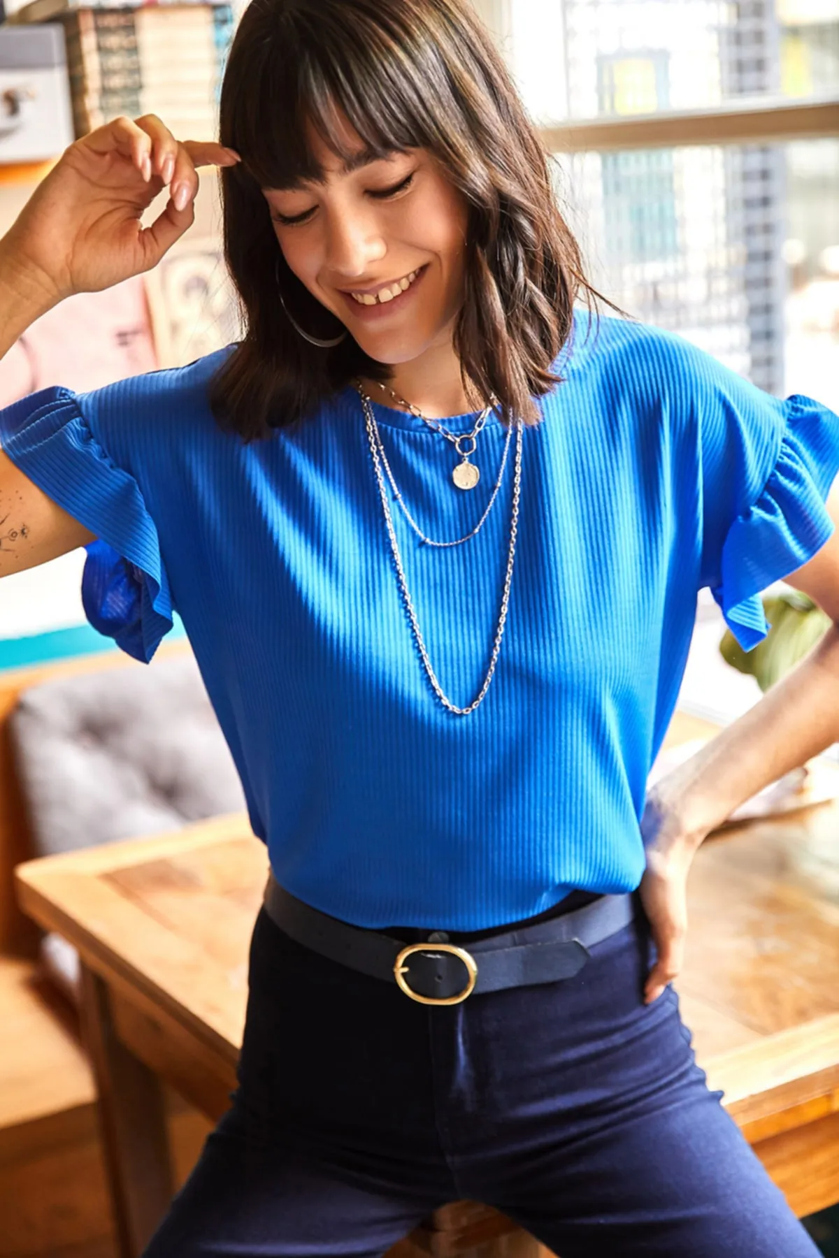 Olalook  Blaues Saks-T-Shirt mit Rüschenärmeln für Damen TSH-19000417