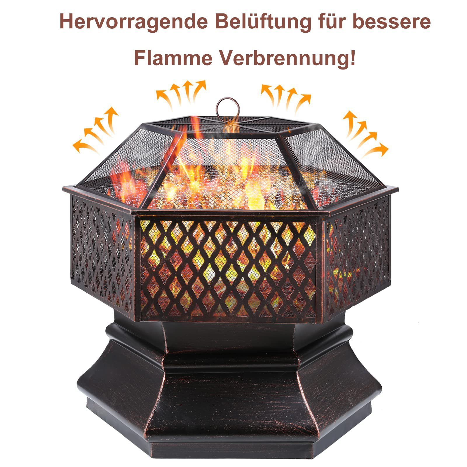 TLGREEN Feuerschale, Sechseckige Feuerstelle mit Grillrost, Feuerschalen für den Garten