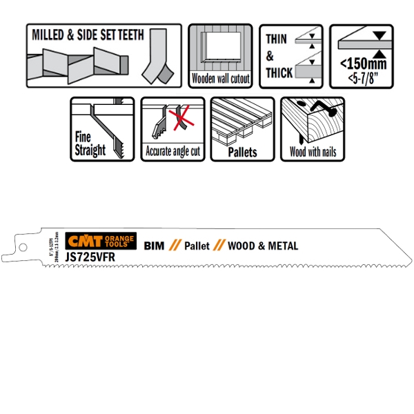 Lames de scie alternative CMT JS725VFR-20 JS725VFR 20 pièces Bimétal 200 mm x 1, 27 x 8-12 TPI Application : réparation de palettes, vibrations minimales.