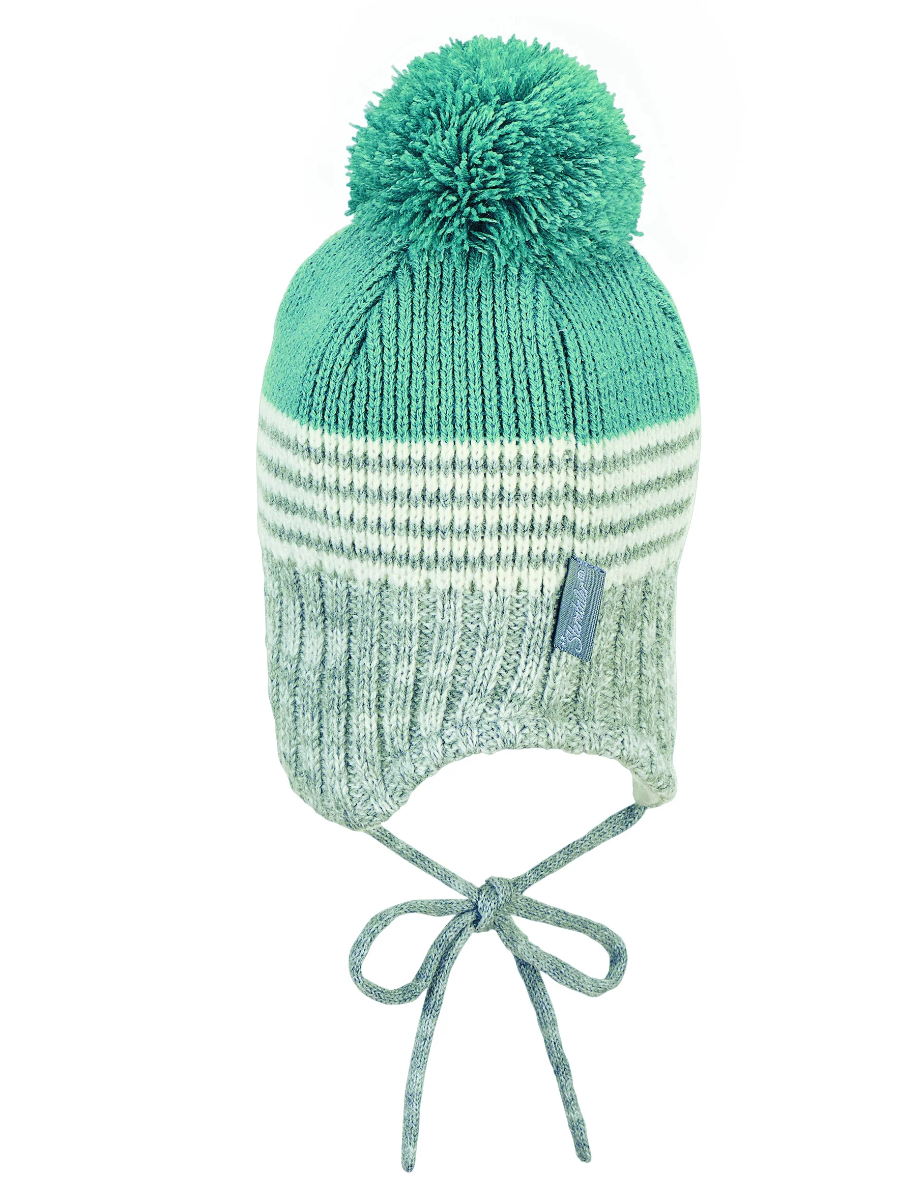 Strickmütze im Mustermix mit Bommel und Bindeband