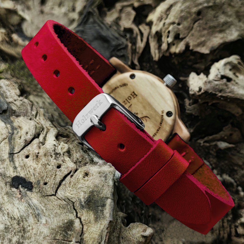 Holzwerk Quarzuhr CLARA RED kleine Kinder Holz & Leder Armband Uhr, dunkel rot, beige