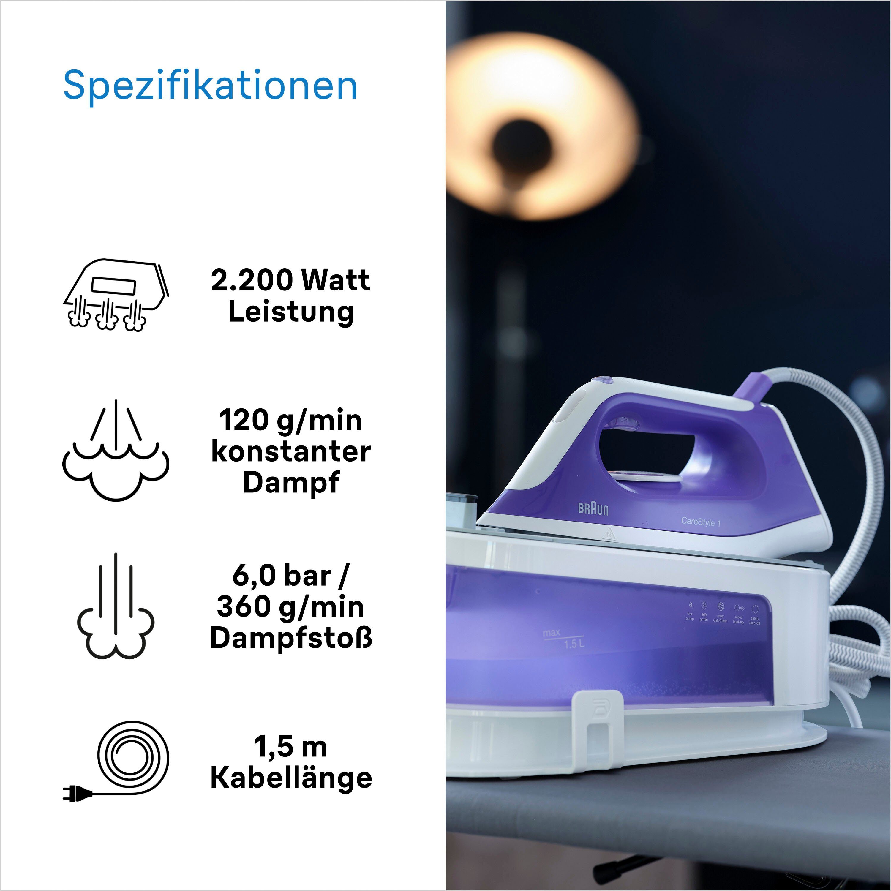 Braun Dampfbügelstation CareStyle 1 IS1014VI Dampfbügelstation, Weiß/Violett, 1500 ml Wassertank