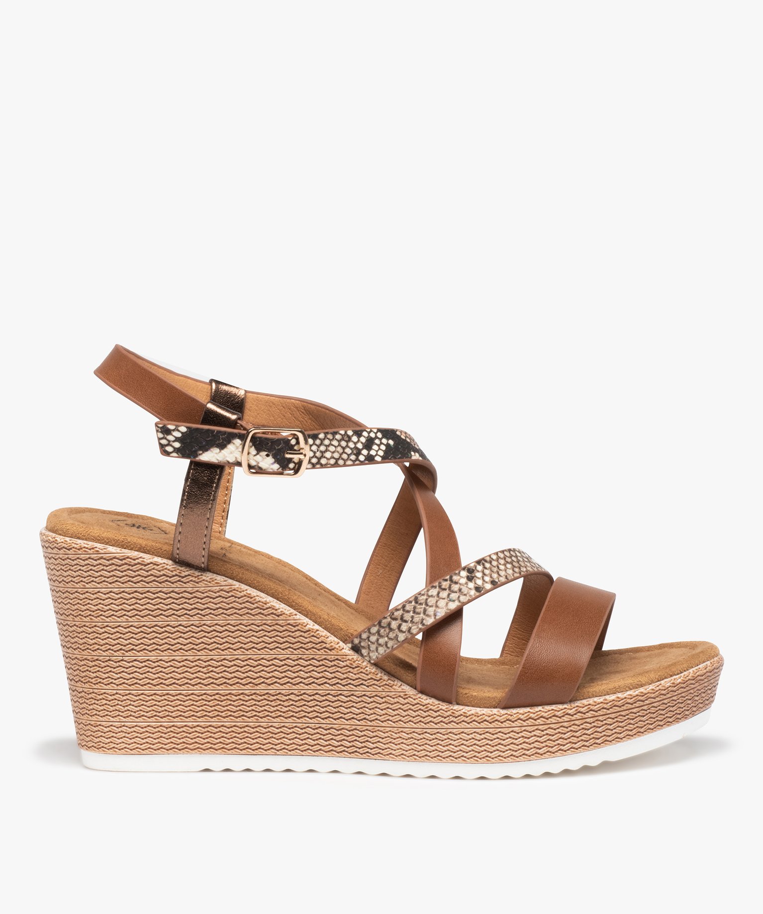Sandales femme compensées à brides fantaisie marron | GEMO