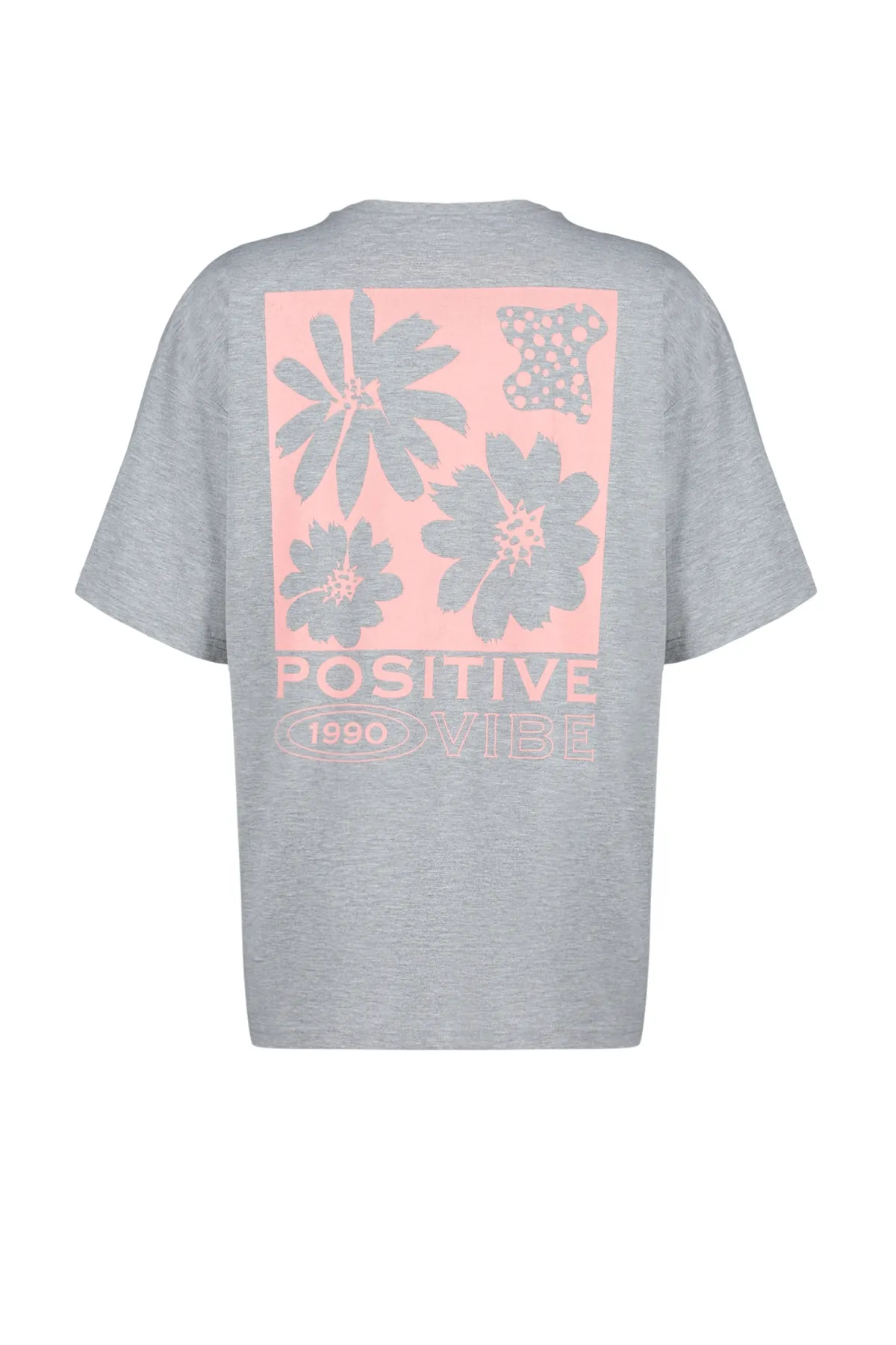 Trendyol Collection  Grau meliertes, hinten bedrucktes, übergroßes/weites Strick-T-Shirt mit Rundhalsausschnitt TWOSS23TS00321