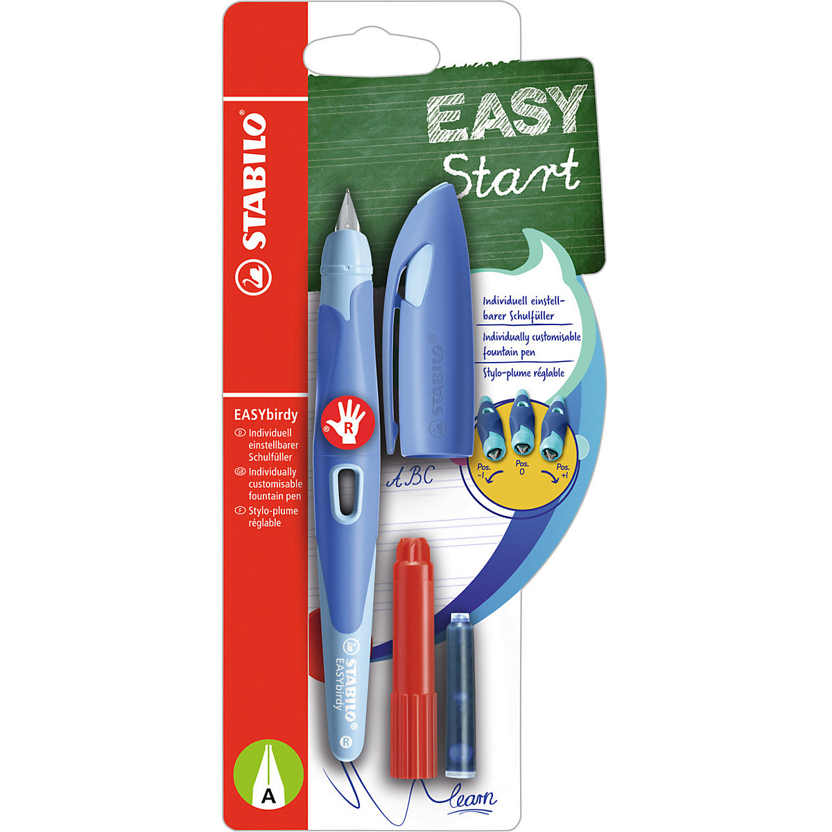 Schulfüller EASYbirdy Rechtshänder A-Feder Pastel Edition blau/hellblau, inkl. Patrone & Einstellwerkzeug