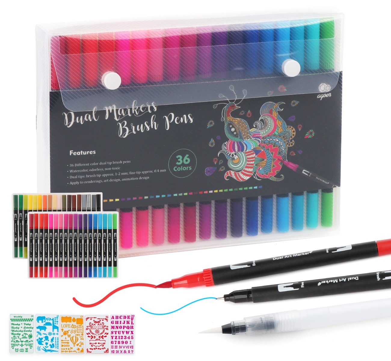 Homewit Filzstift 36 Farben Dual Brush Pen Marker mit 5 Schablonen + 1 Wassertankpinsel, (Set, 36, 36-tlg), Kunst Filzstift Set für Manga, Kalligraphie, Malen