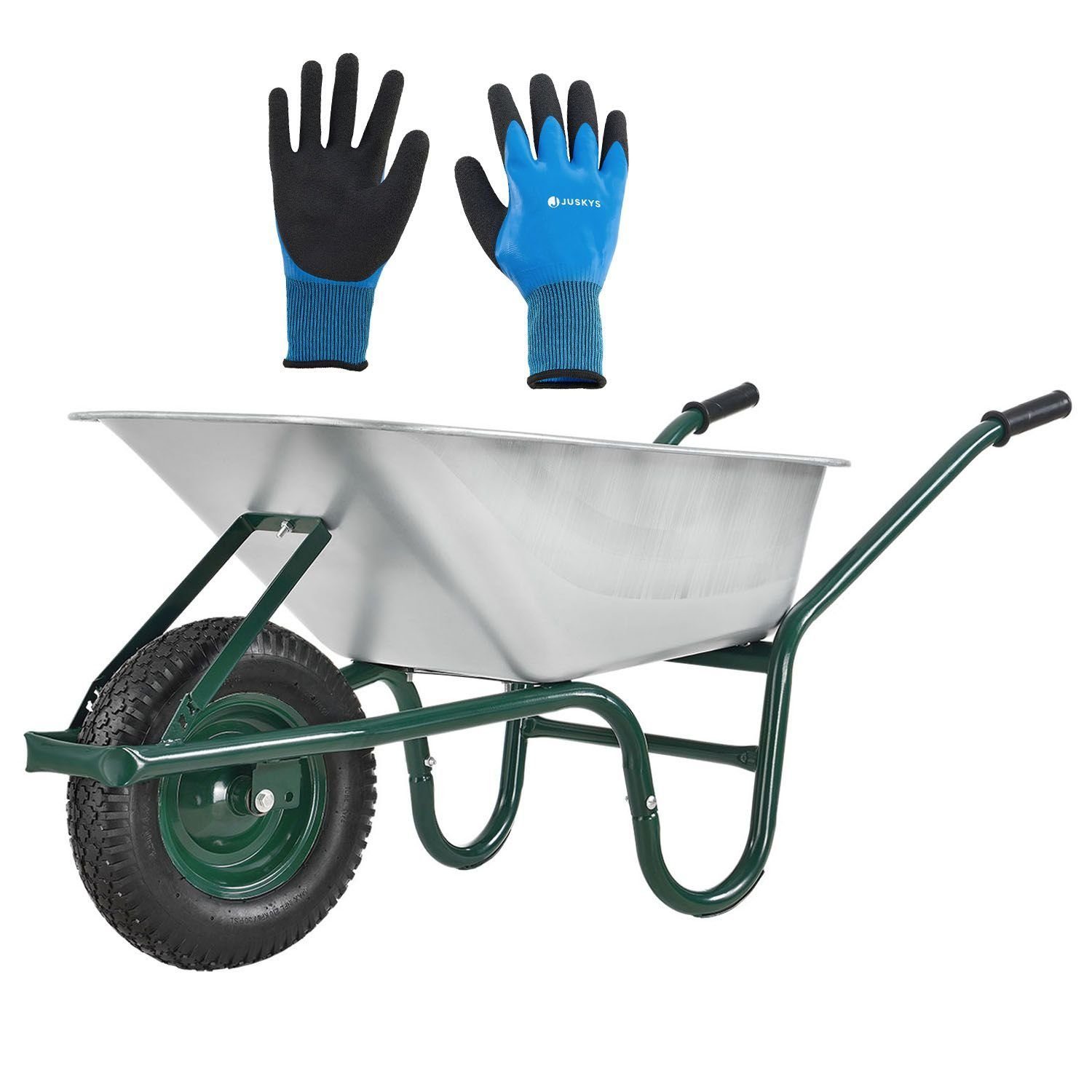 Juskys Schubkarre Garden, 100L, bis 210 kg, Luftreifen, verzinkte Wanne, inkl. Handschuhe