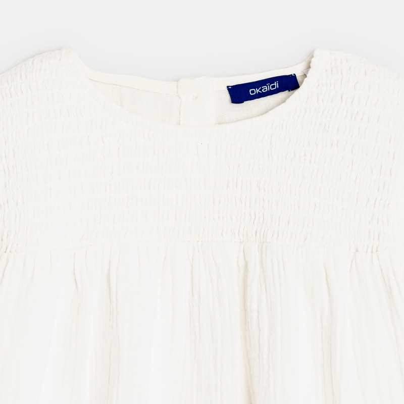 Blouse à smocks en gaze de coton blanche fille
